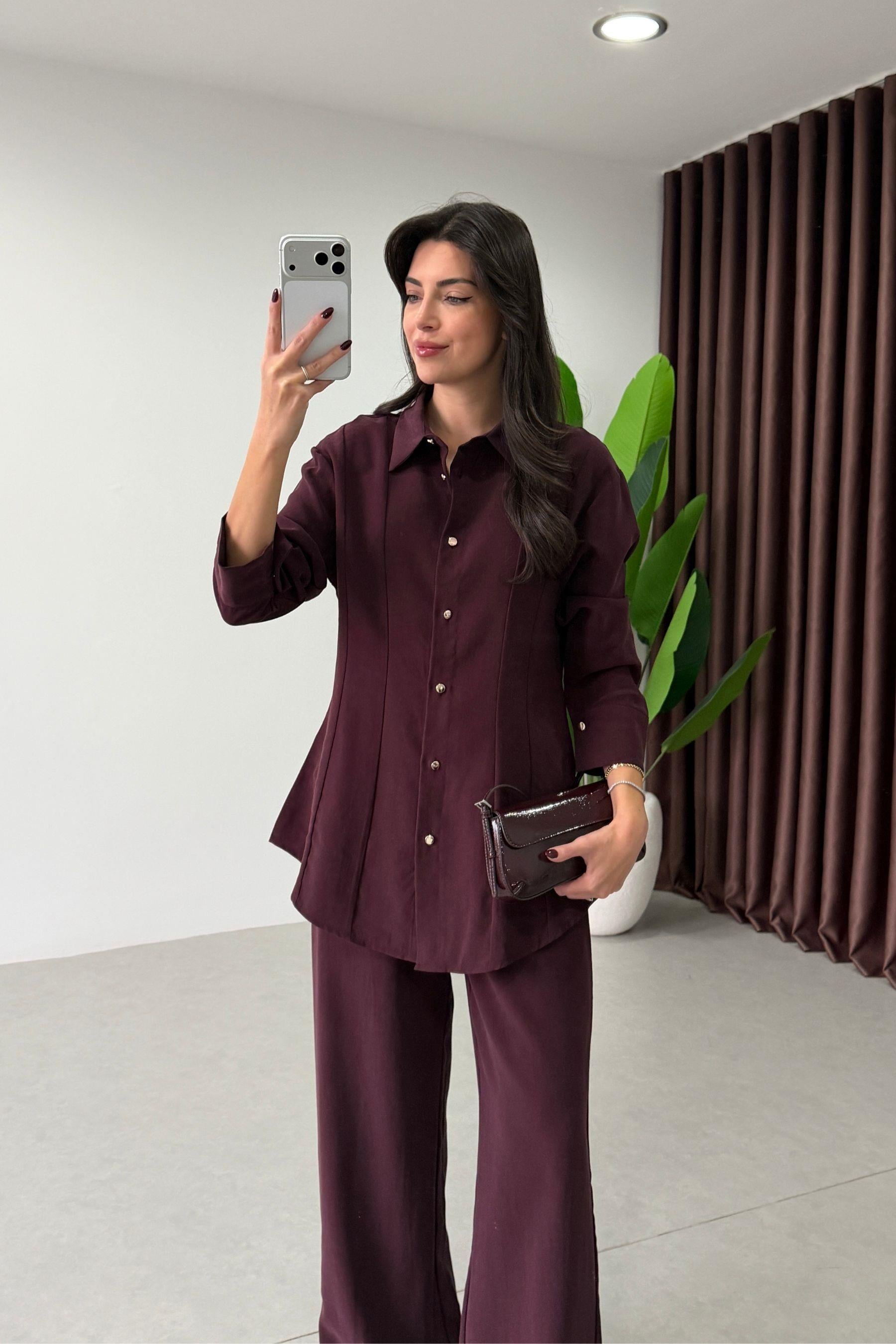 Renza Mürdüm Belden Oturtmalı Bluz Pantolon Takım