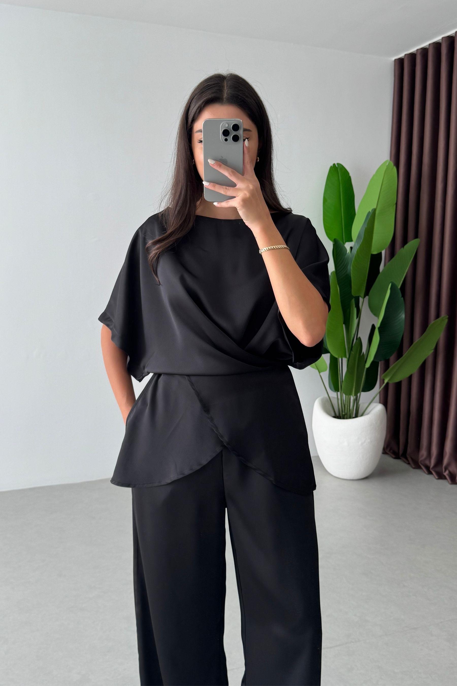 Ribbon Siyah Saten Bluz Pantolon Takım