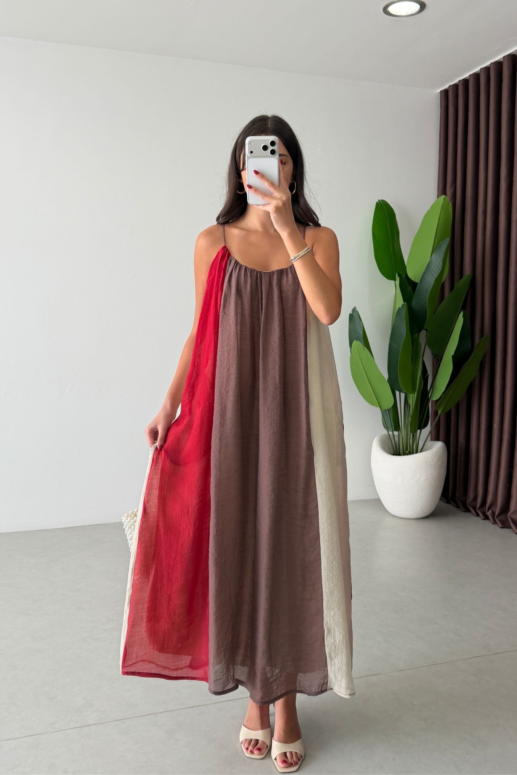 Robe Renkli Askılı Şifon Elbise