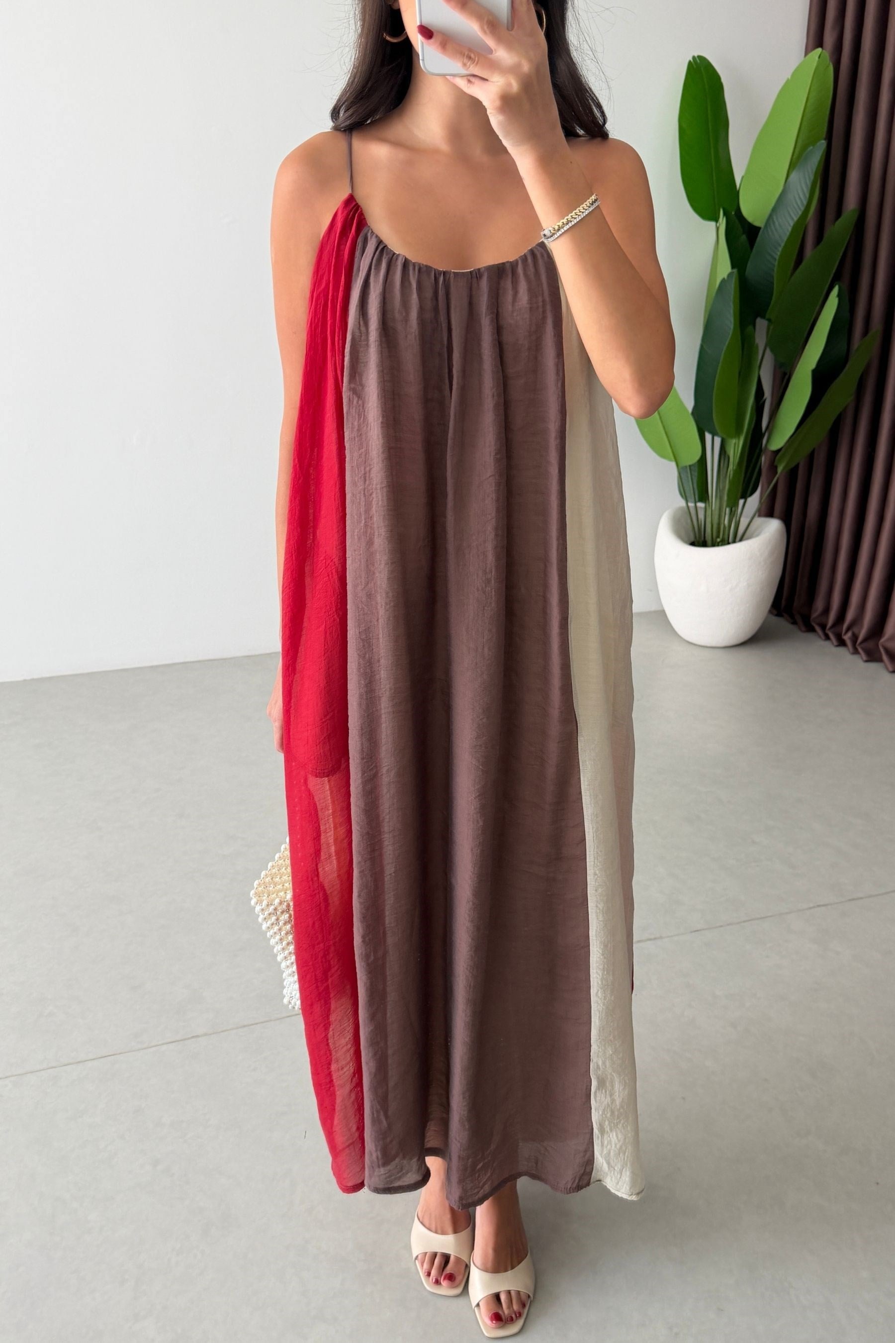 Robe Renkli Askılı Şifon Elbise