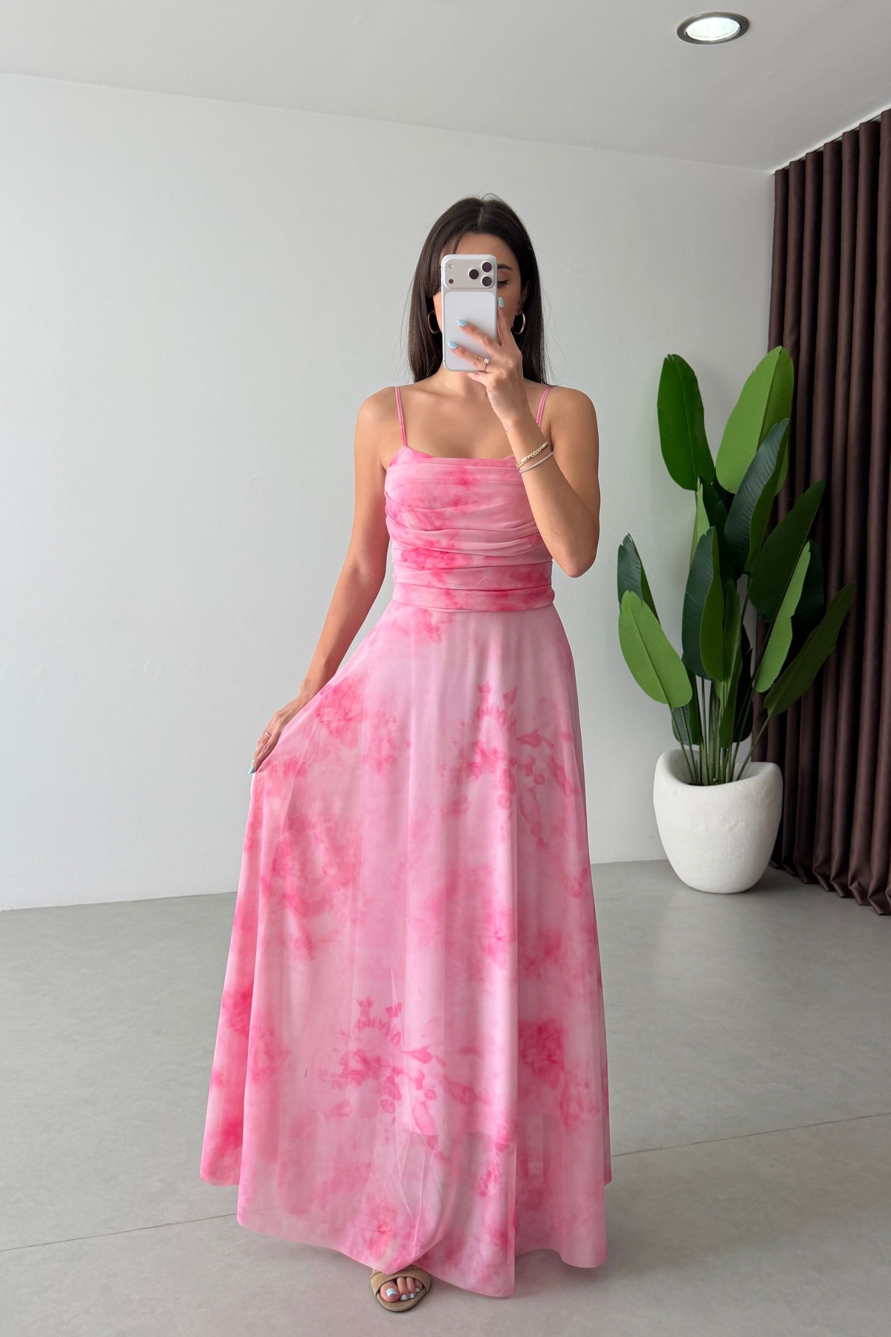 Rose Pembe Askılı Tül Elbise 