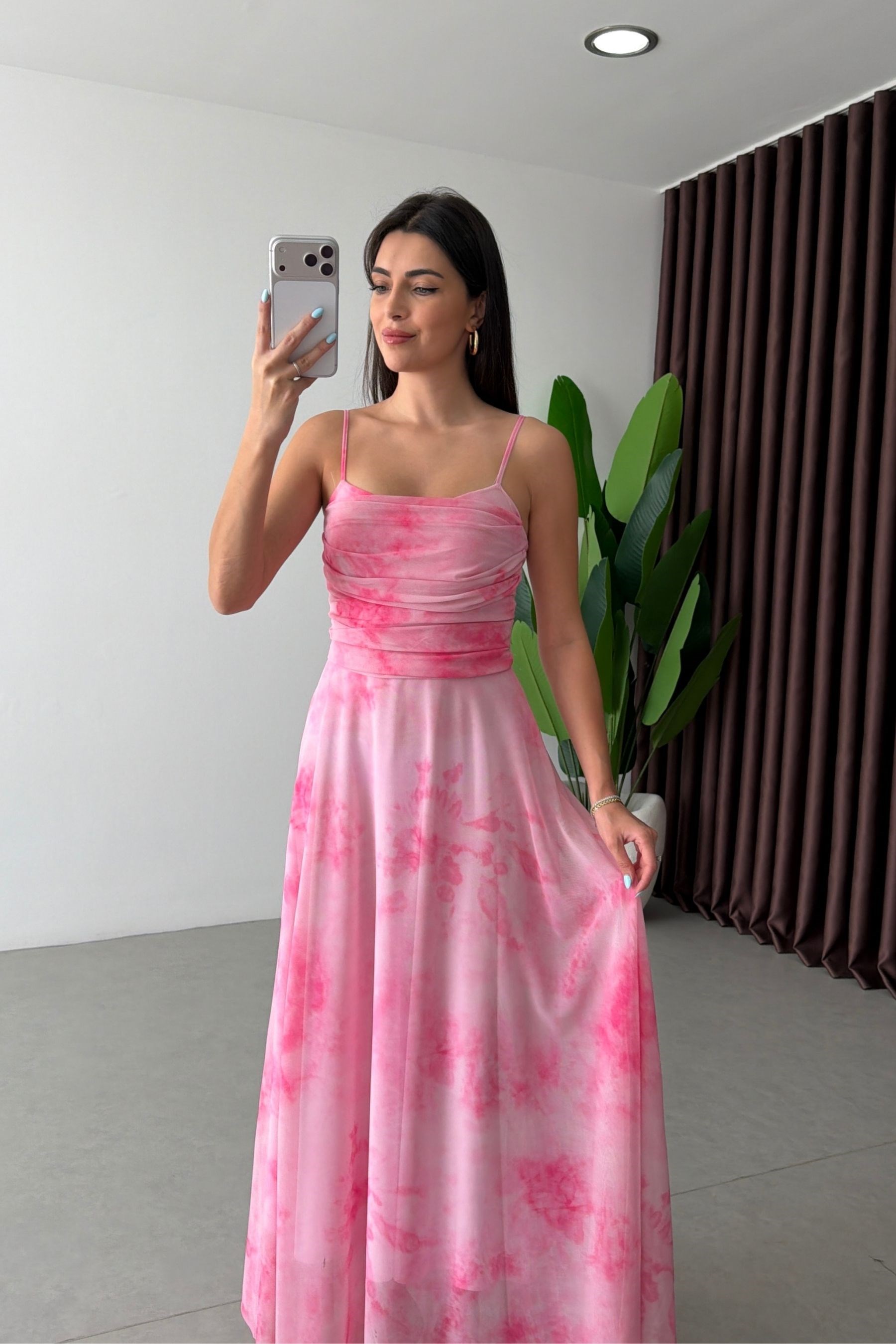 Rose Pembe Askılı Tül Elbise 