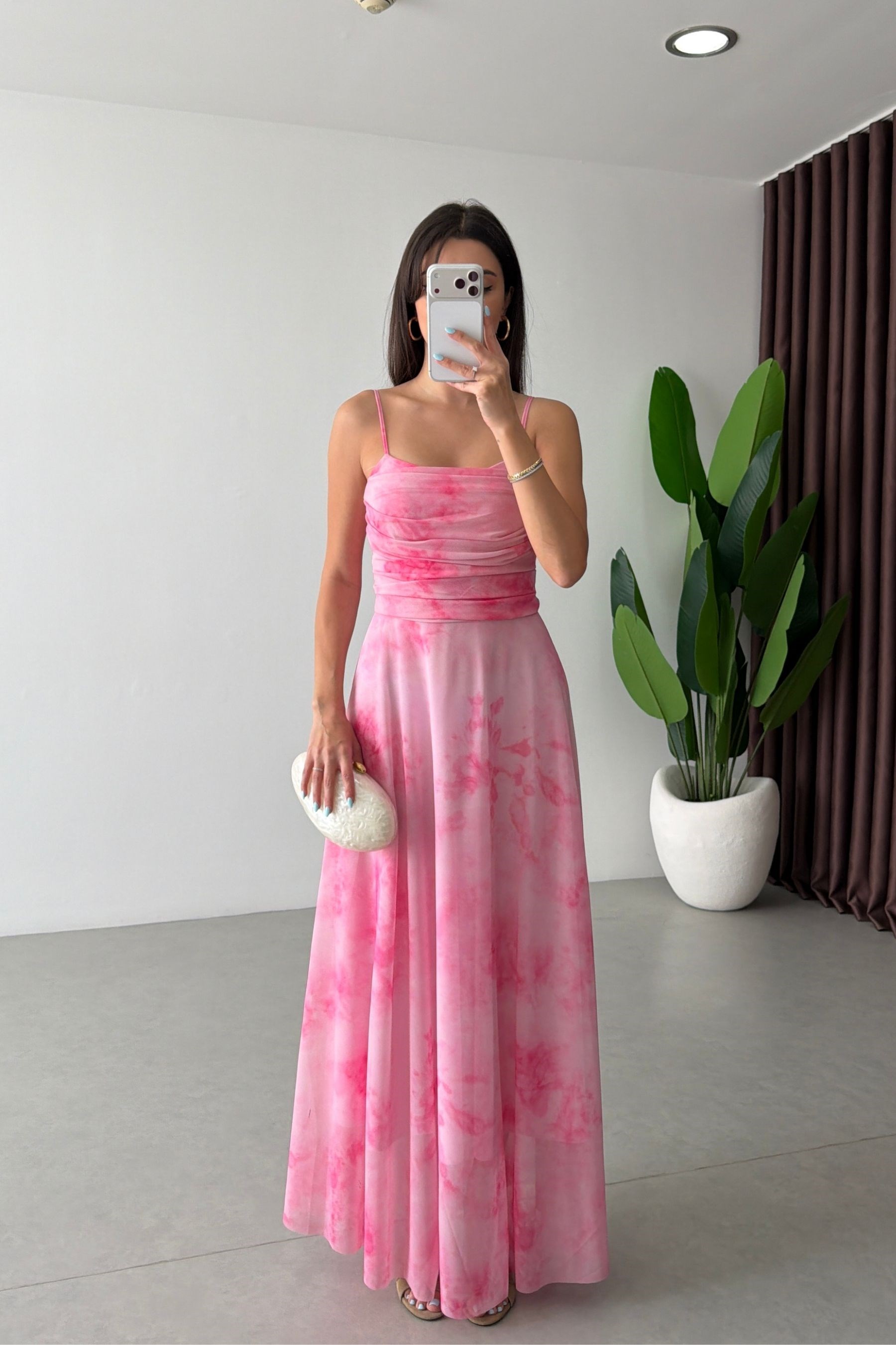 Rose Pembe Askılı Tül Elbise 
