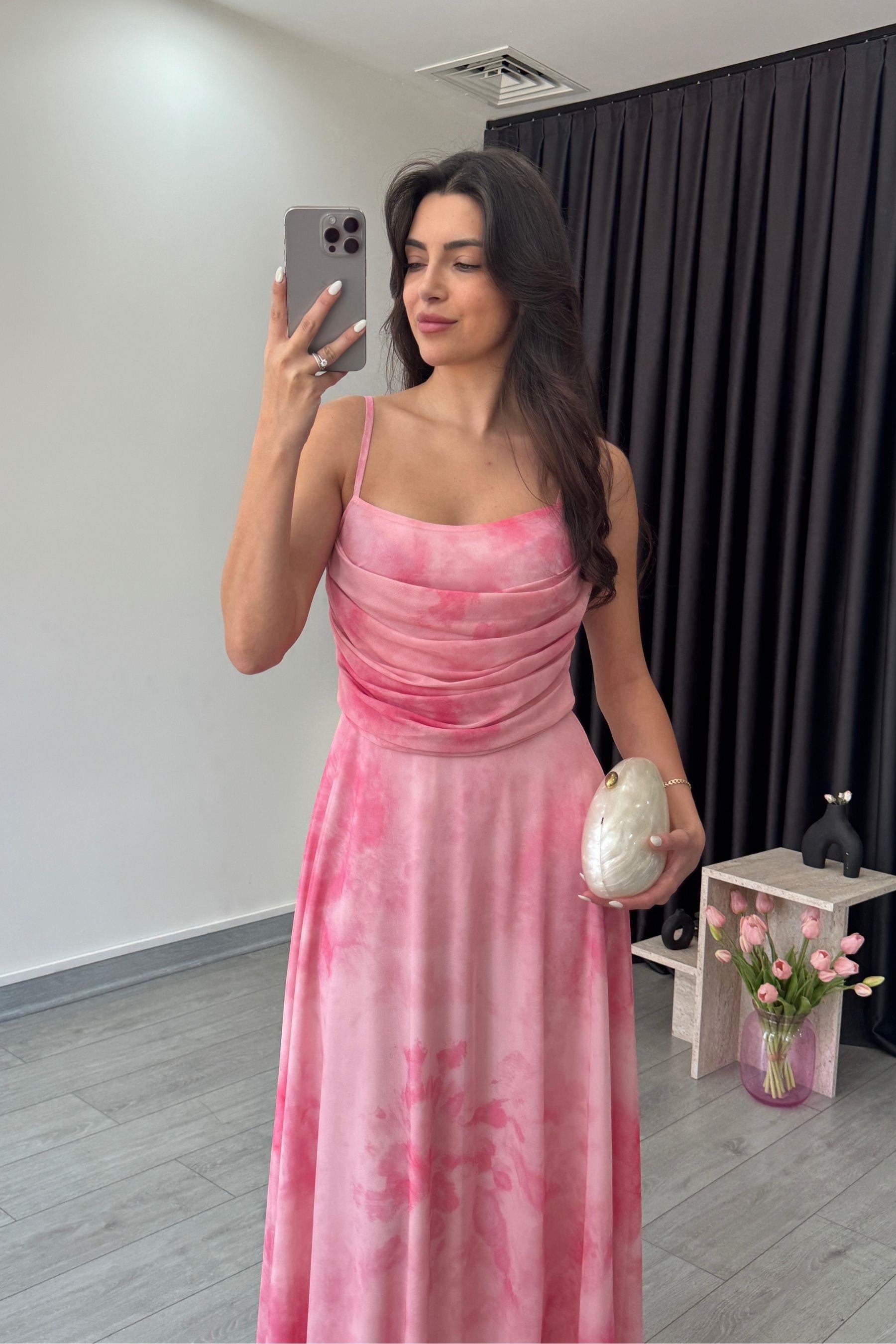 Rose Pembe Askılı Tül Elbise 