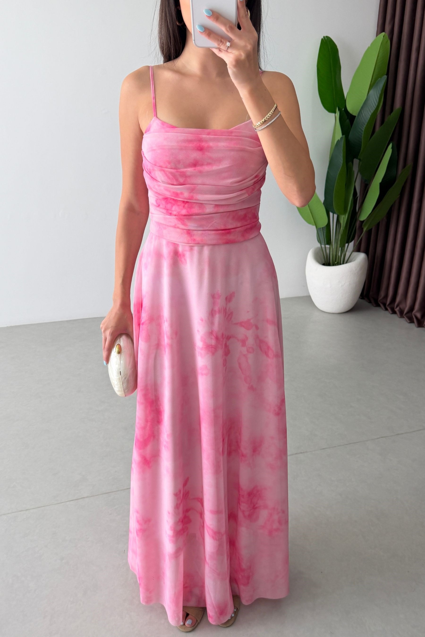 Rose Pembe Askılı Tül Elbise 