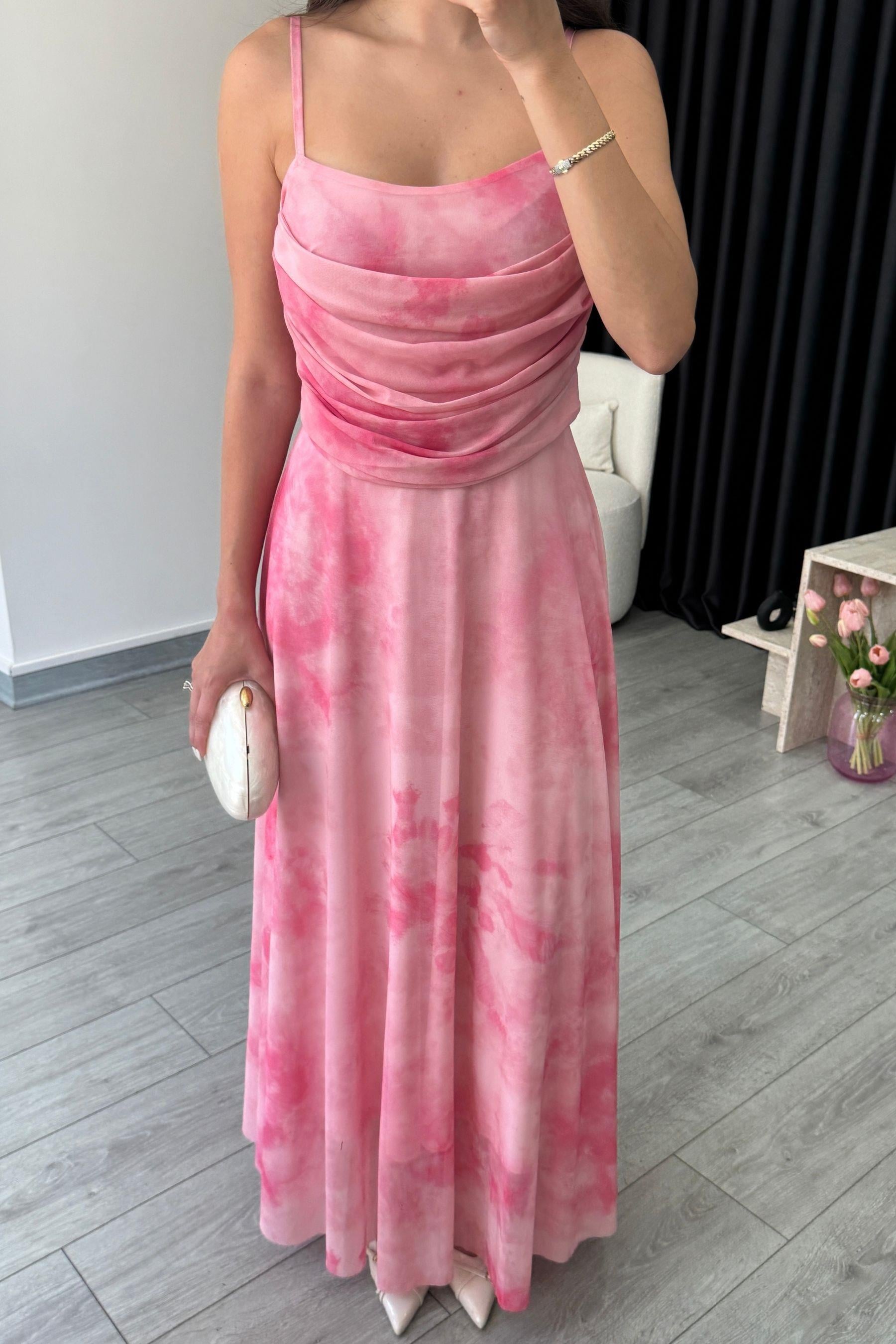 Rose Pembe Askılı Tül Elbise 