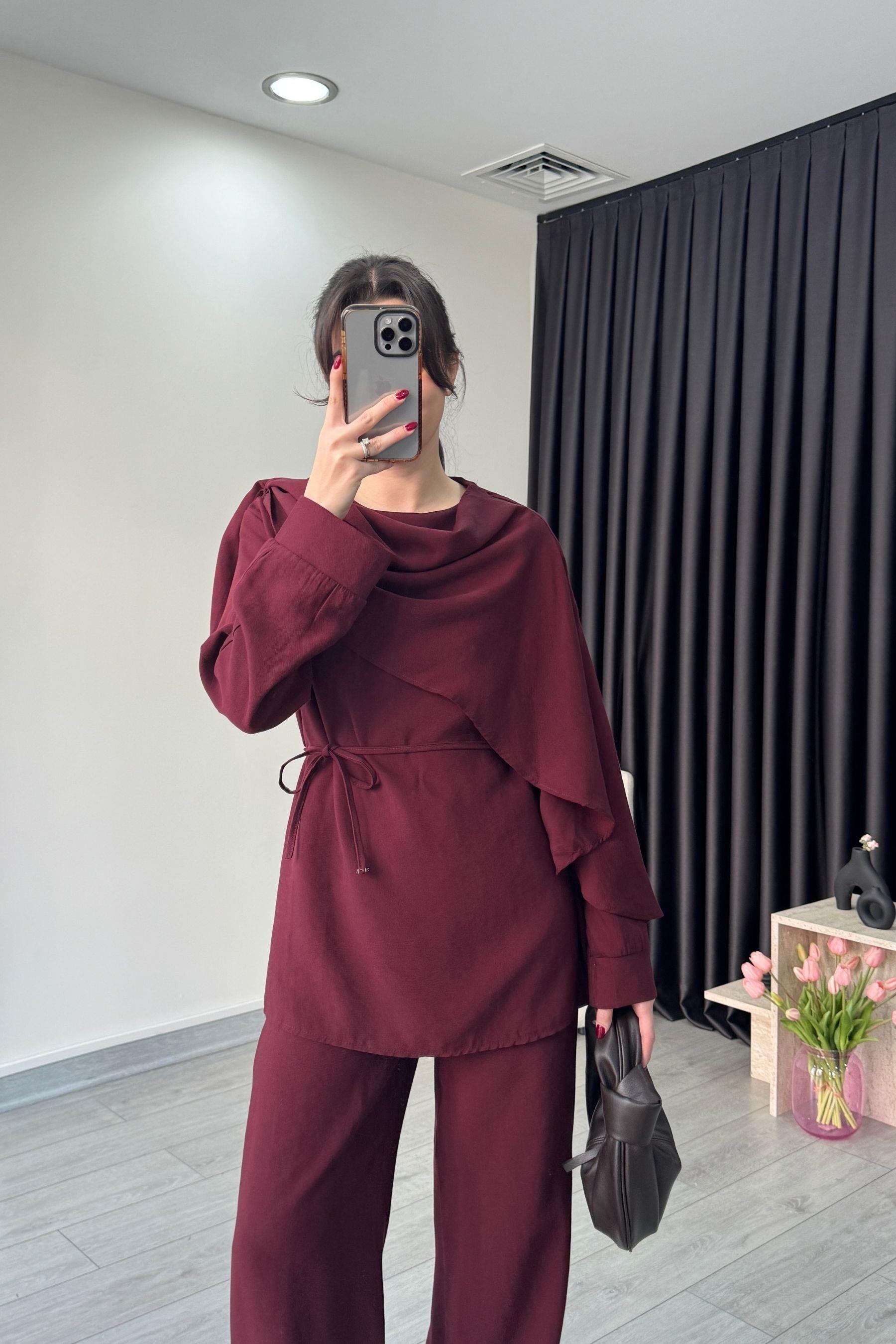 Şal Yaka Bordo Bluz Pantolon Takım