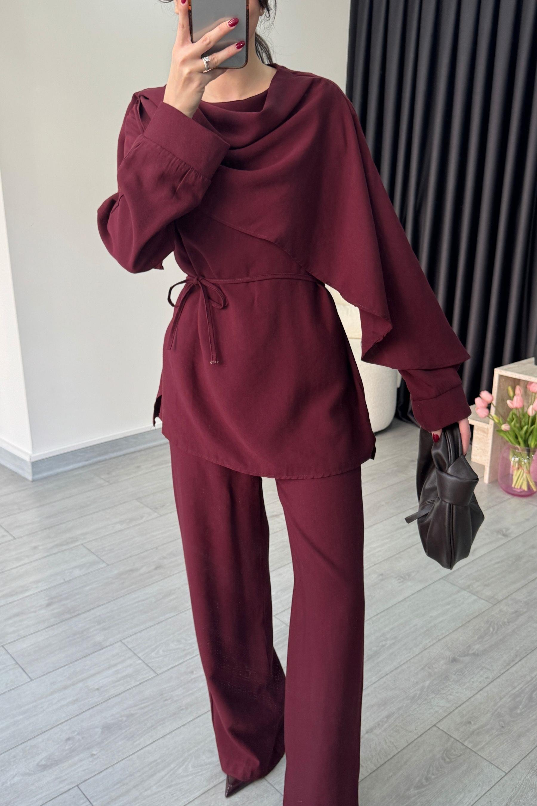 Şal Yaka Bordo Bluz Pantolon Takım