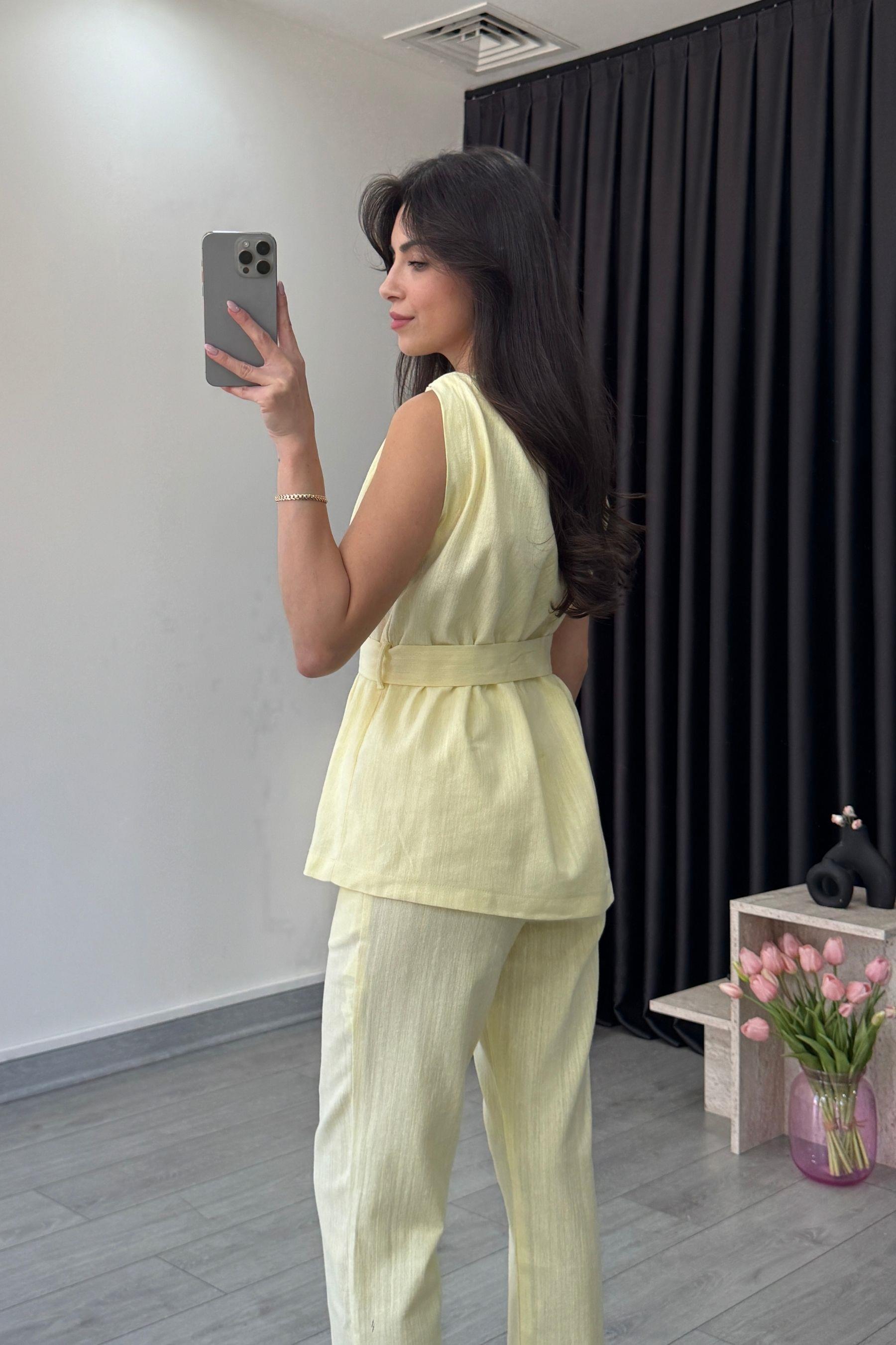 Sarı Omzu Burgulu Keten Bluz Pantolon Takım