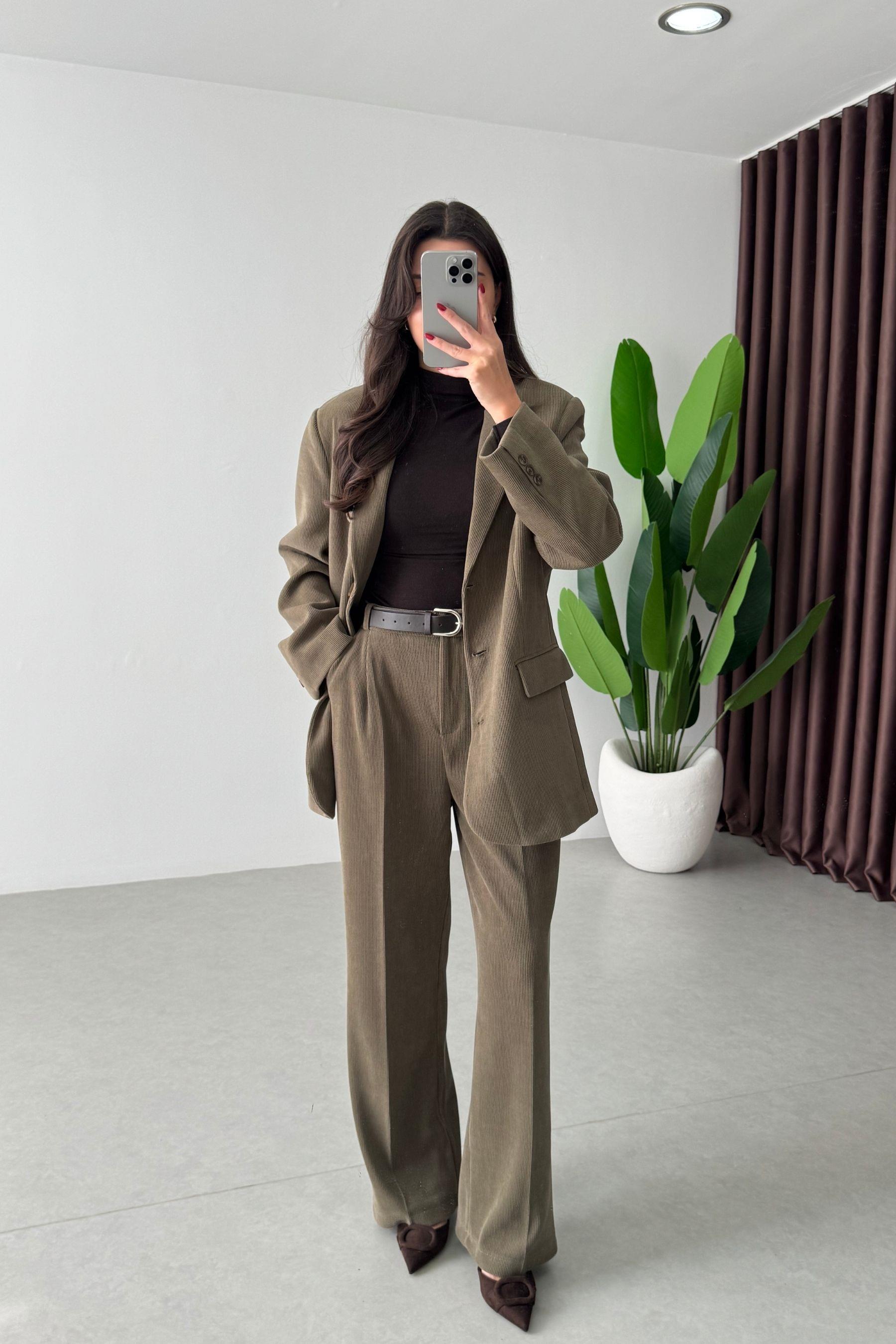 Norea Haki Kadife Blazer Ceket Pantolon Takım