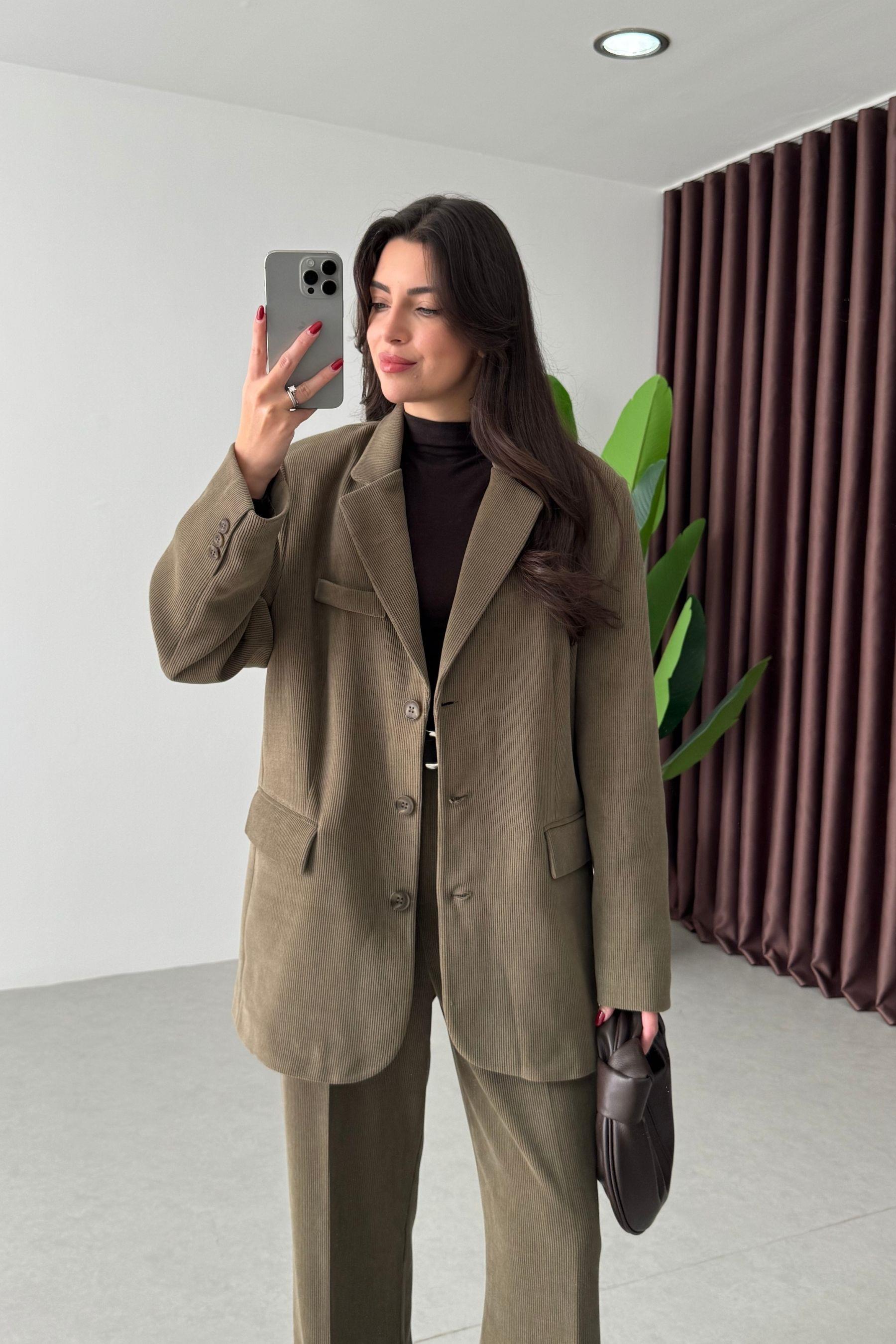 Norea Haki Kadife Blazer Ceket Pantolon Takım