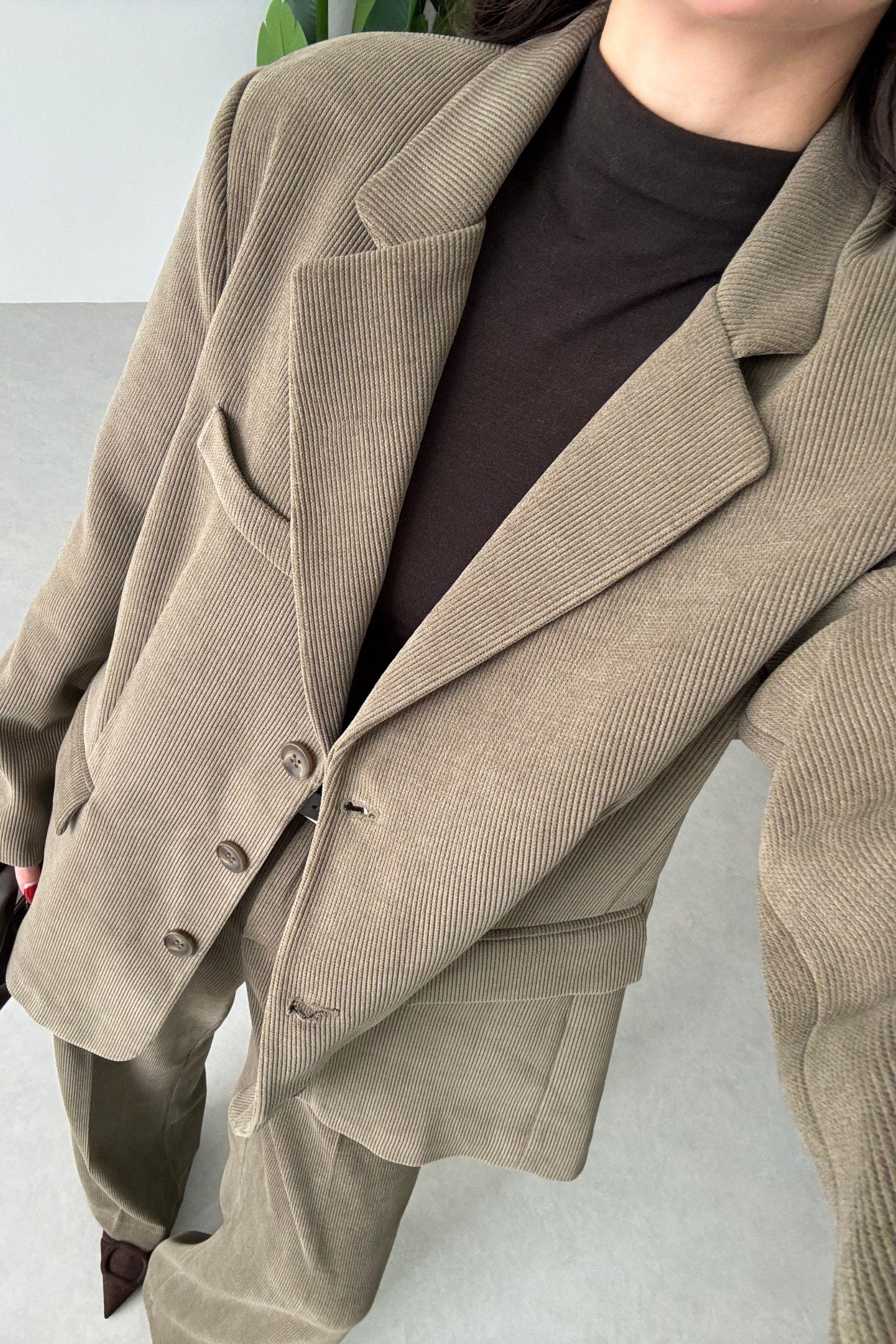 Norea Haki Kadife Blazer Ceket Pantolon Takım