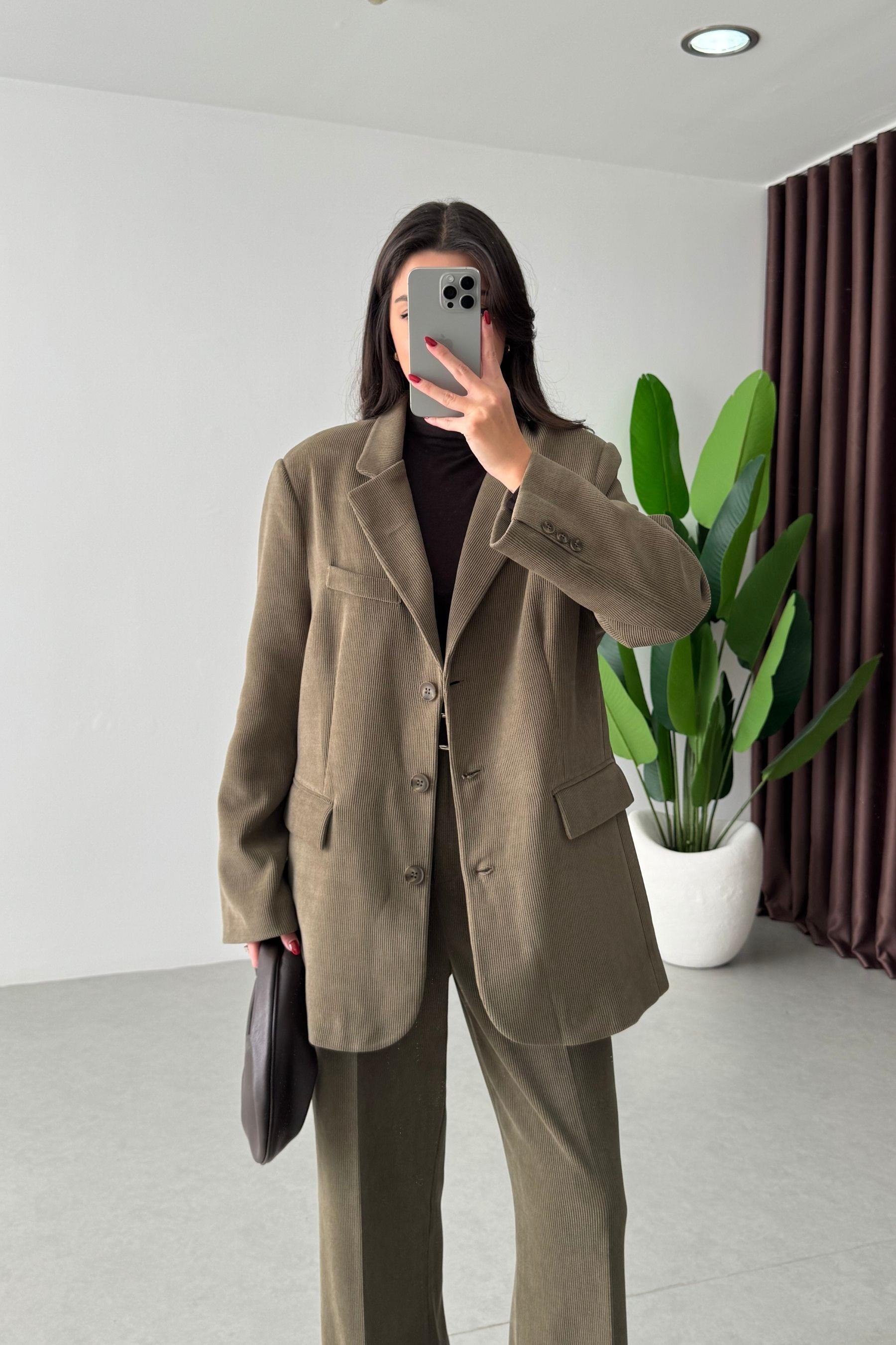 Norea Haki Kadife Blazer Ceket Pantolon Takım