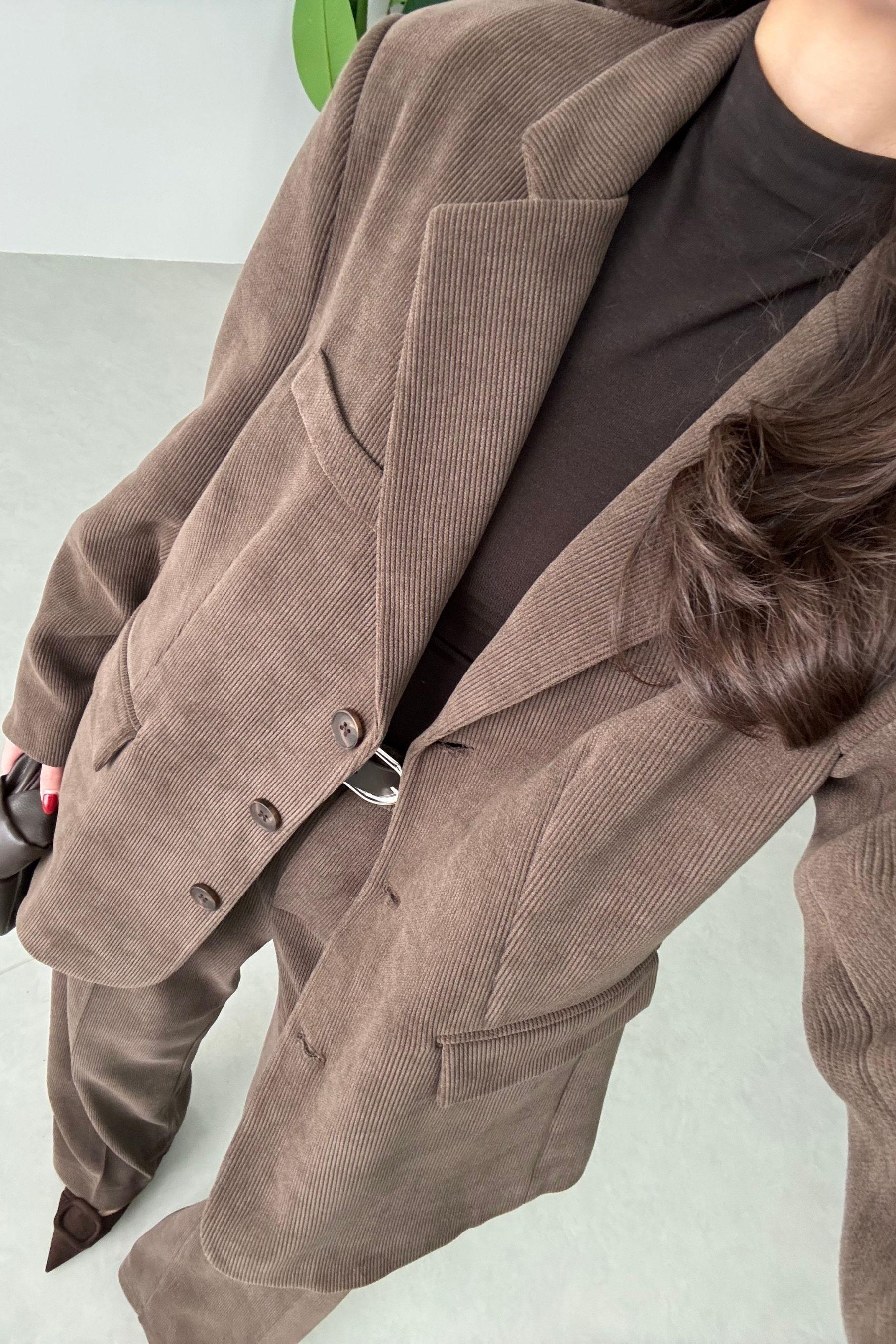 Norea Kahve Kadife Blazer Ceket Pantolon Takım