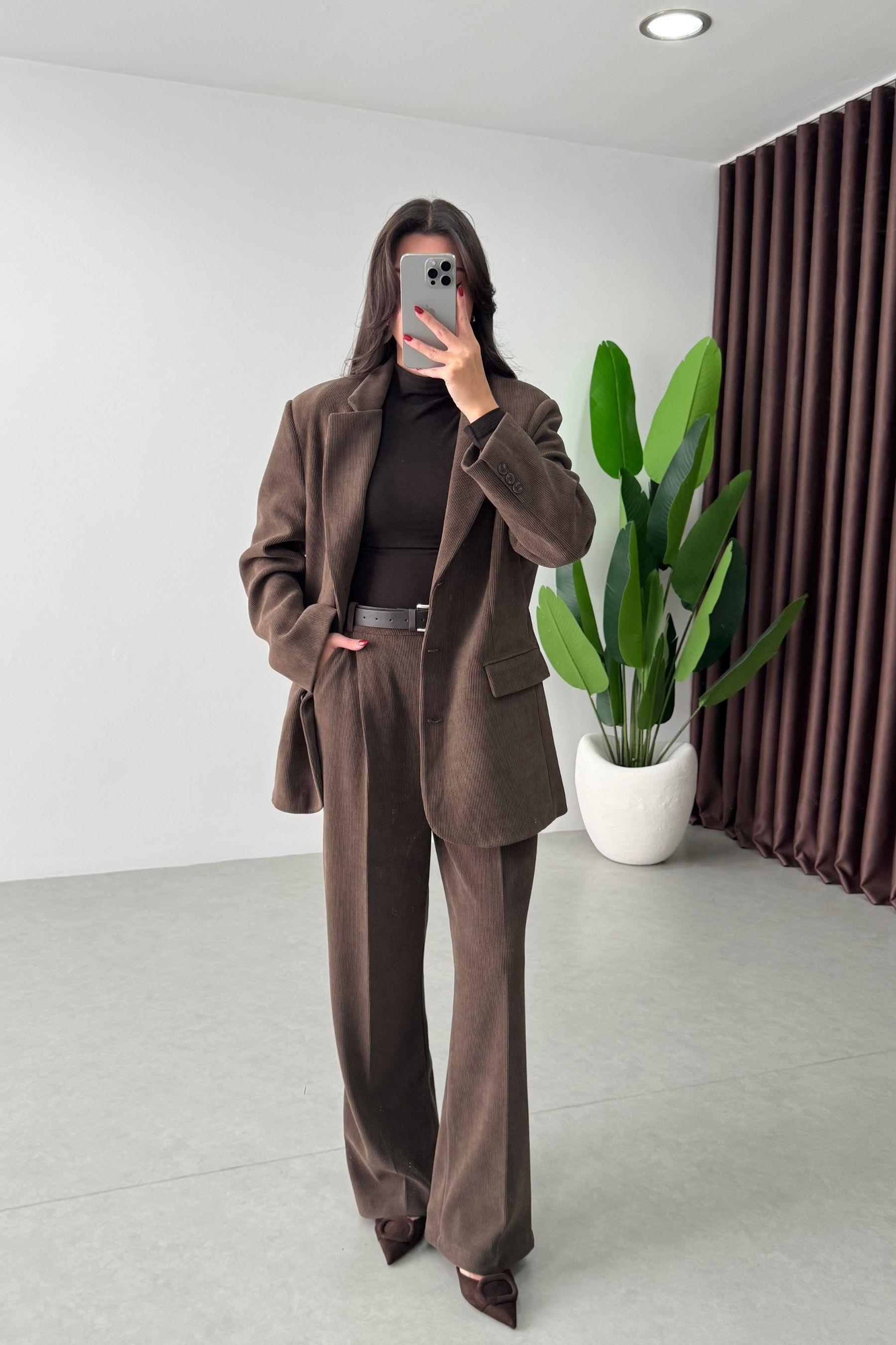 Norea Kahve Kadife Blazer Ceket Pantolon Takım