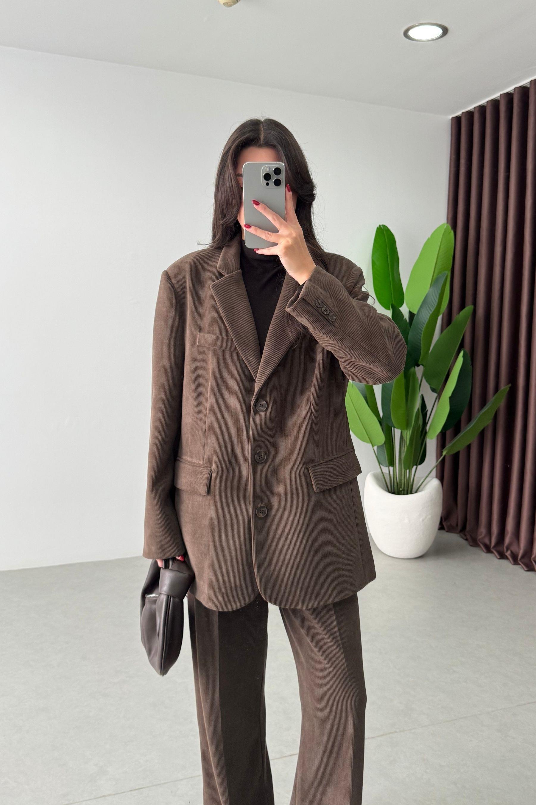 Norea Kahve Kadife Blazer Ceket Pantolon Takım