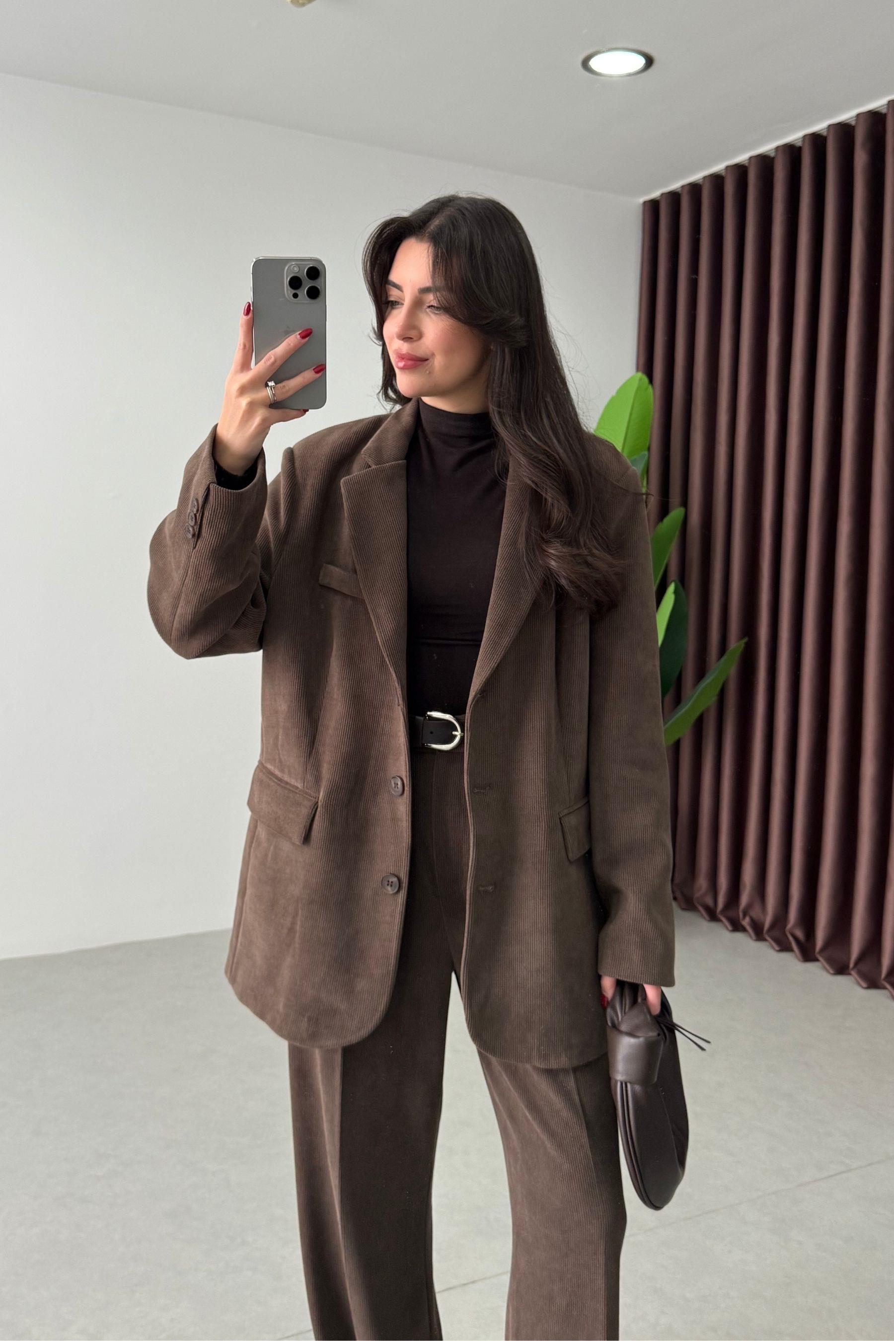 Norea Kahve Kadife Blazer Ceket Pantolon Takım