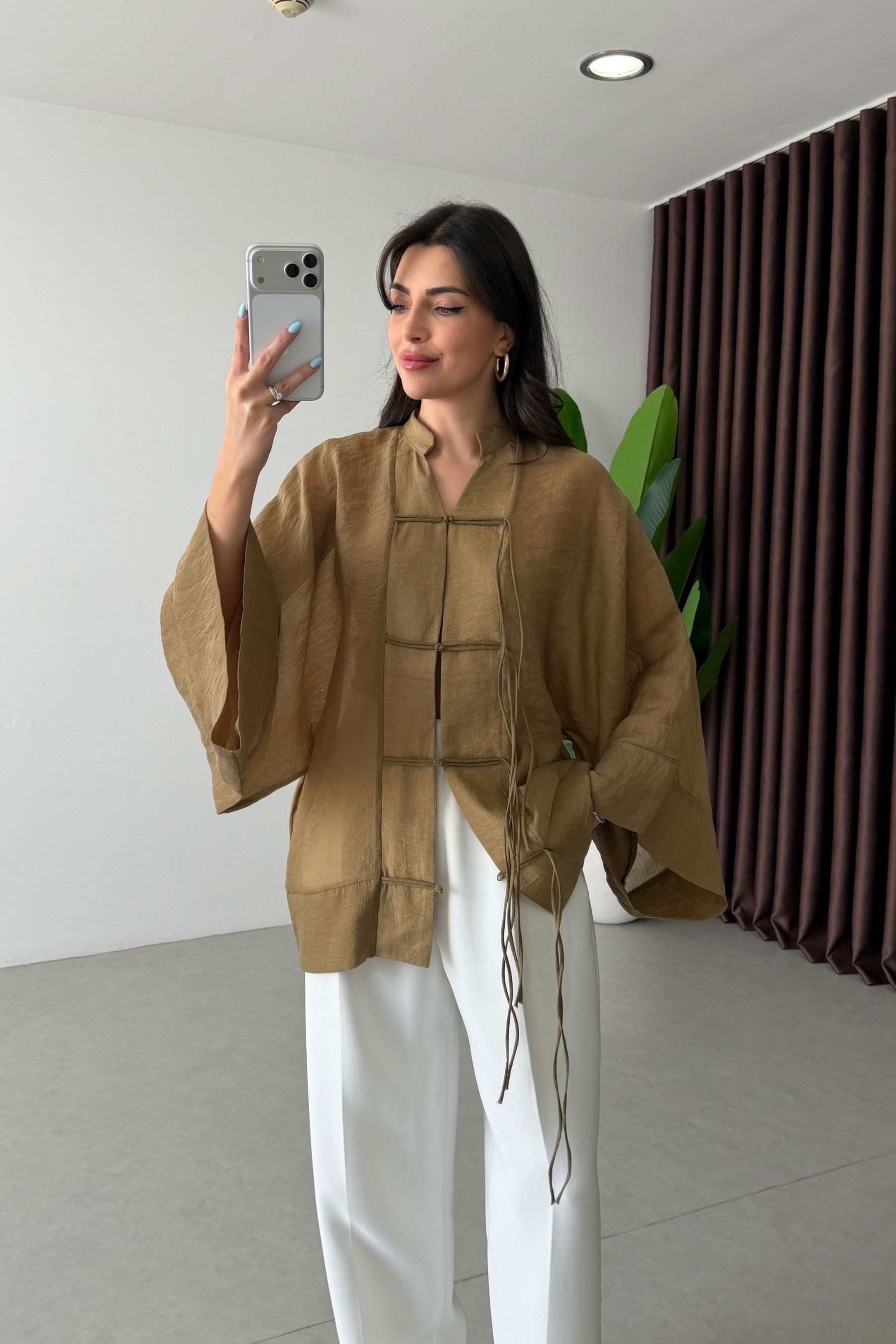 Stay Yağ Yeşili Şifon Kimono Gömlek