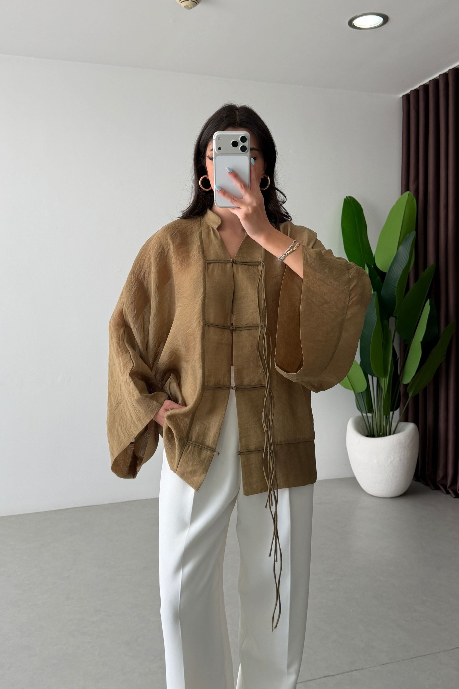 Stay Yağ Yeşili Şifon Kimono Gömlek