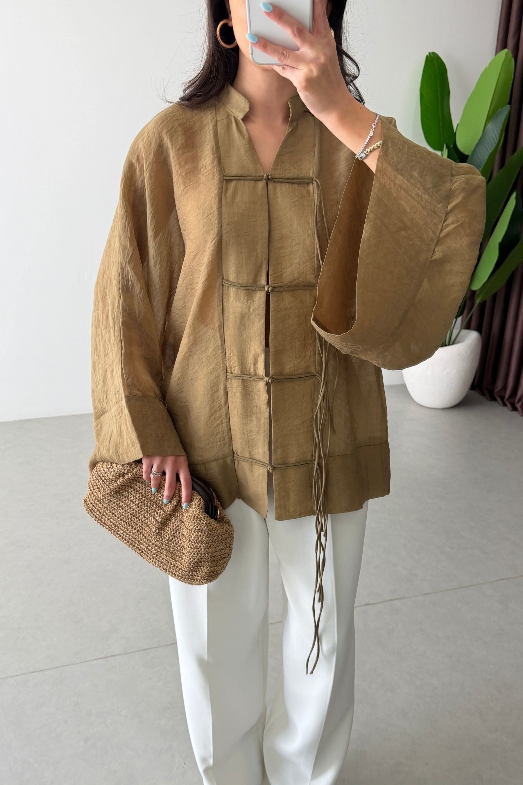 Stay Yağ Yeşili Şifon Kimono Gömlek