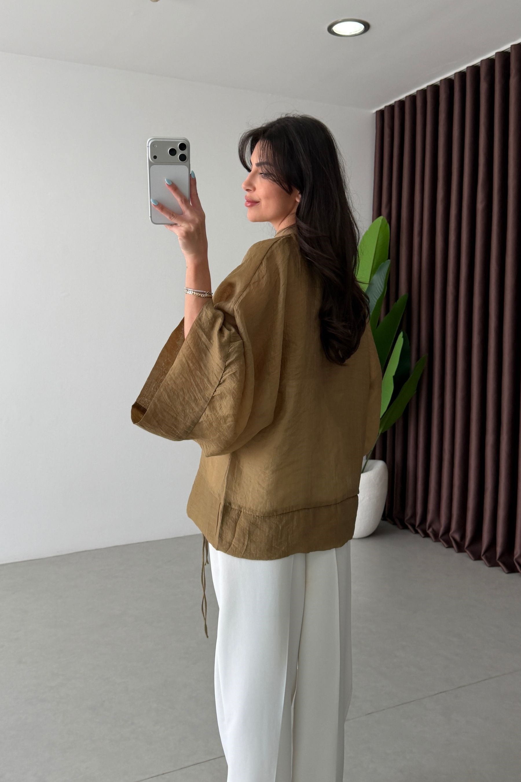 Stay Yağ Yeşili Şifon Kimono Gömlek