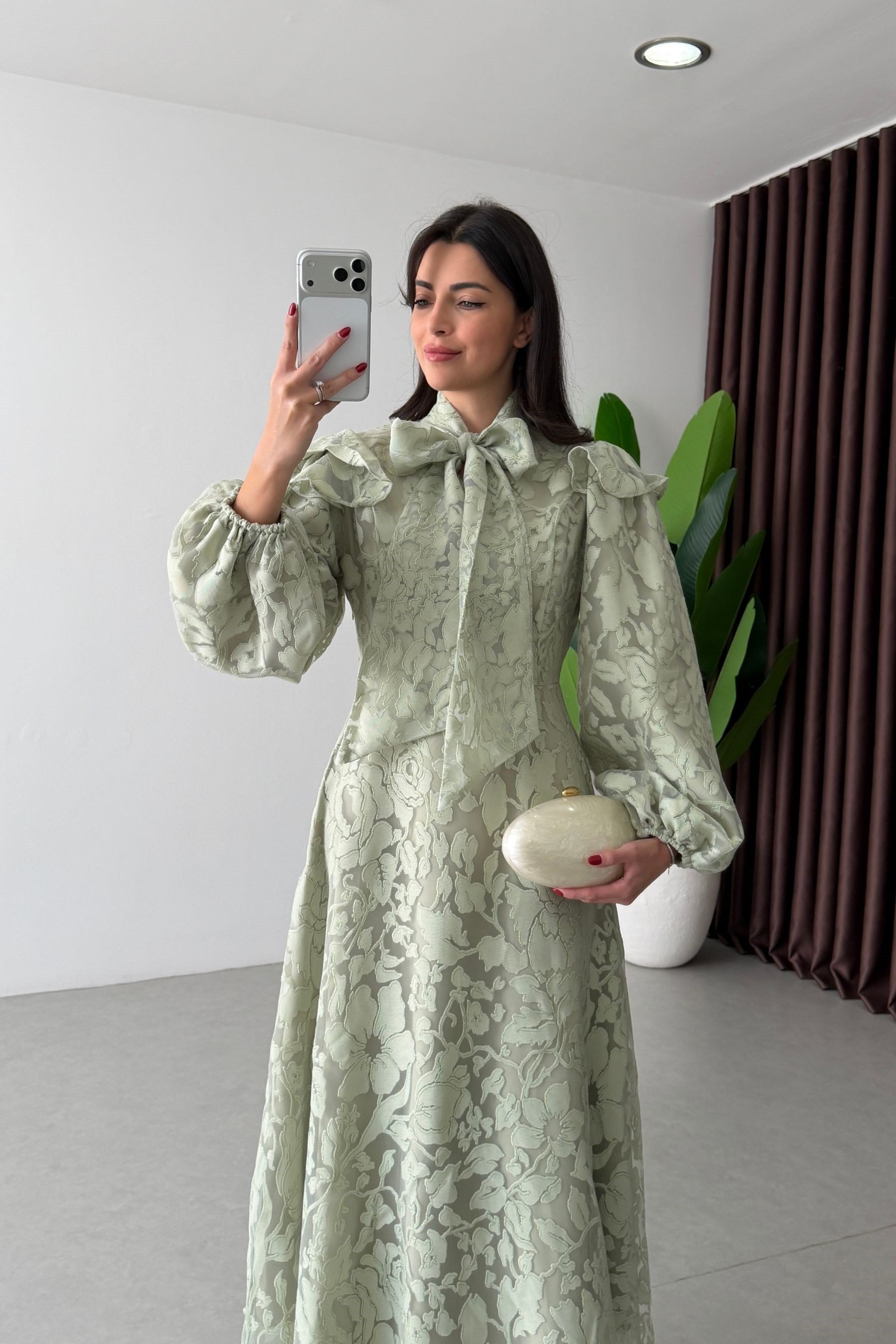 Stone Mint Fular Detay Jakarlı Elbise