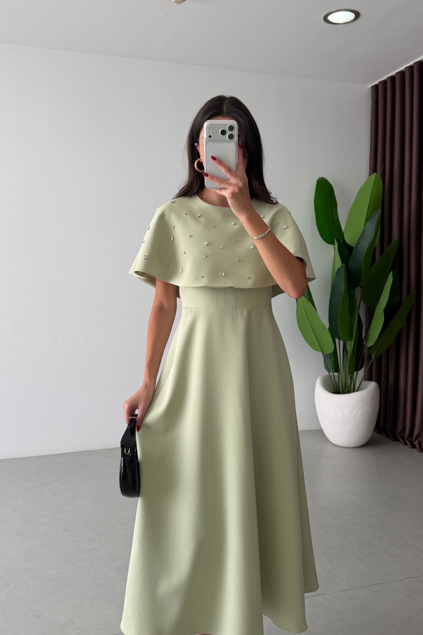 Suen Mint Pelerinli Taş Detay Elbise
