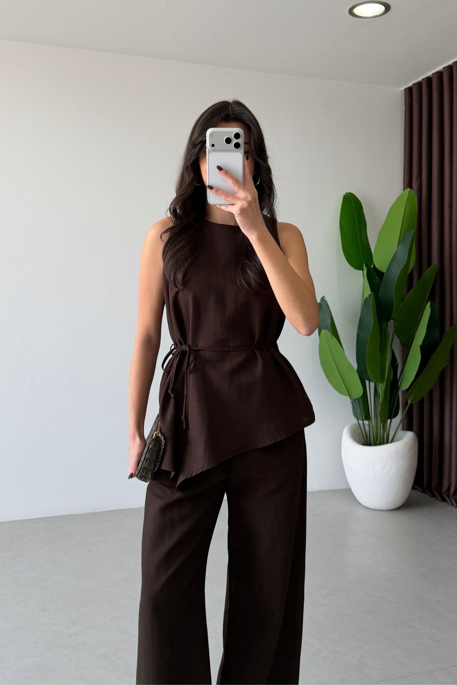 Tana Kahve Asimetrik Bluz Pantolon Takım