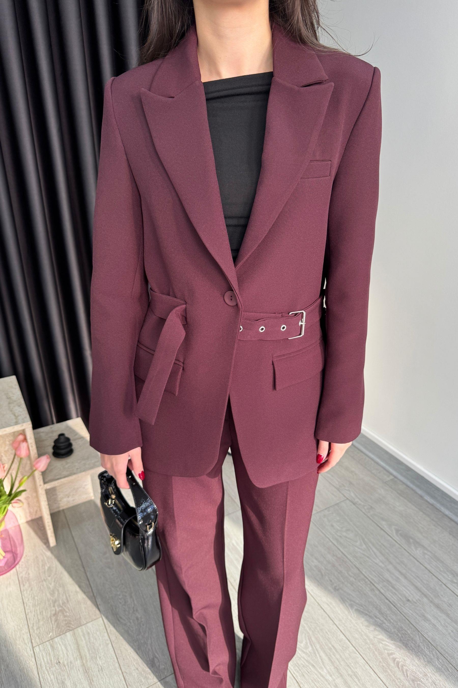 Tasarım Kemerli Mürdüm Blazer Ceket