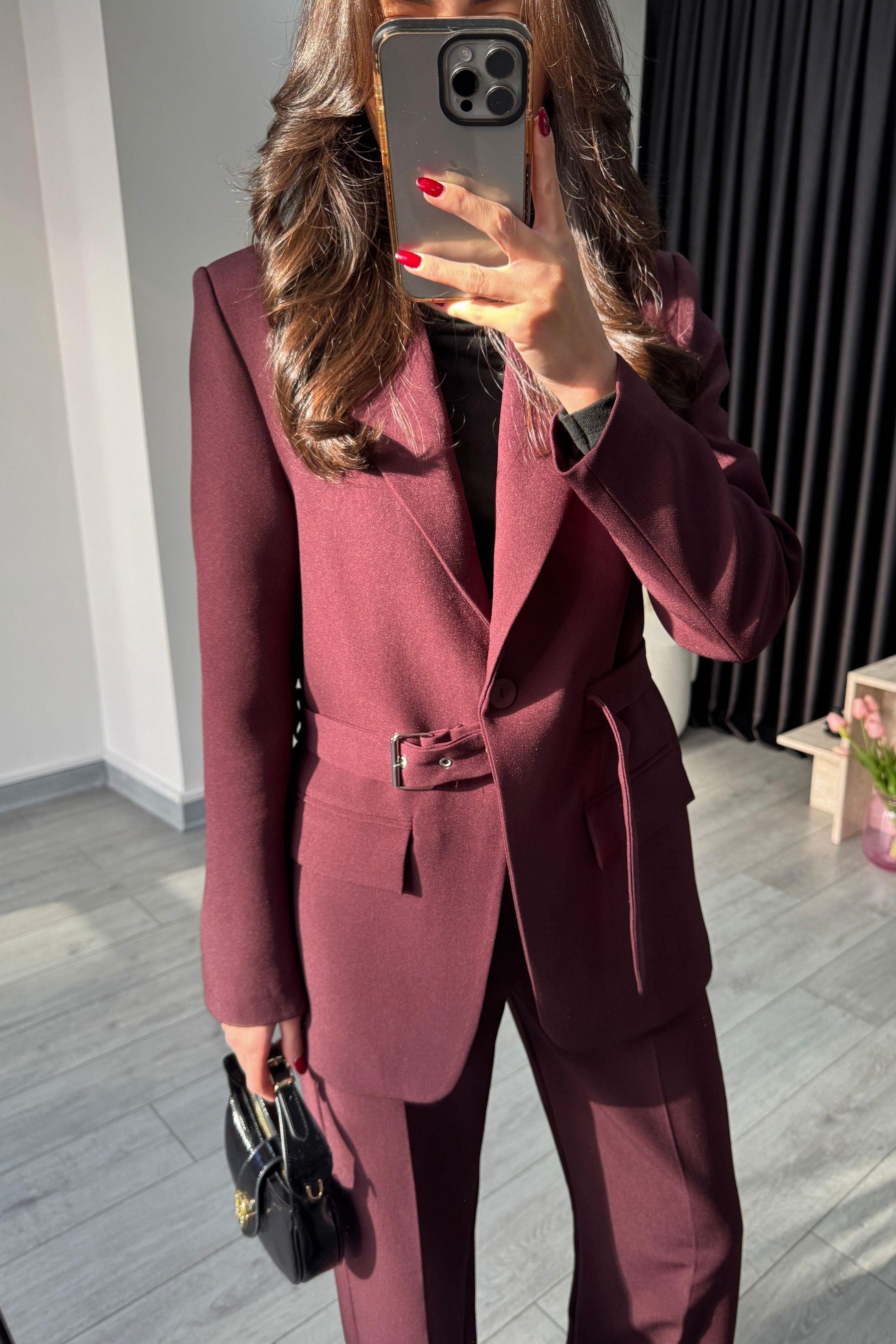 Tasarım Kemerli Mürdüm Blazer Ceket
