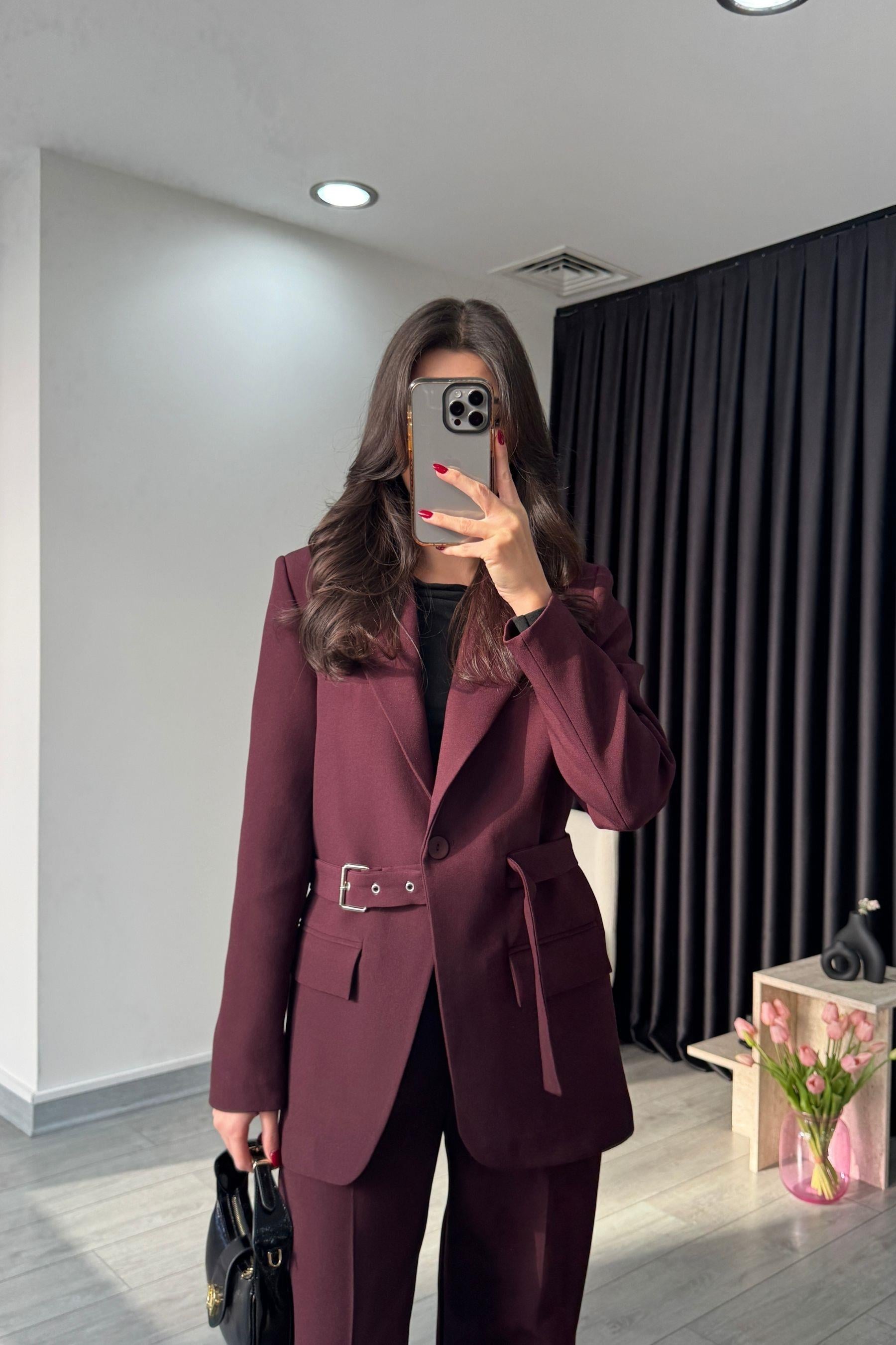 Tasarım Kemerli Mürdüm Blazer Ceket