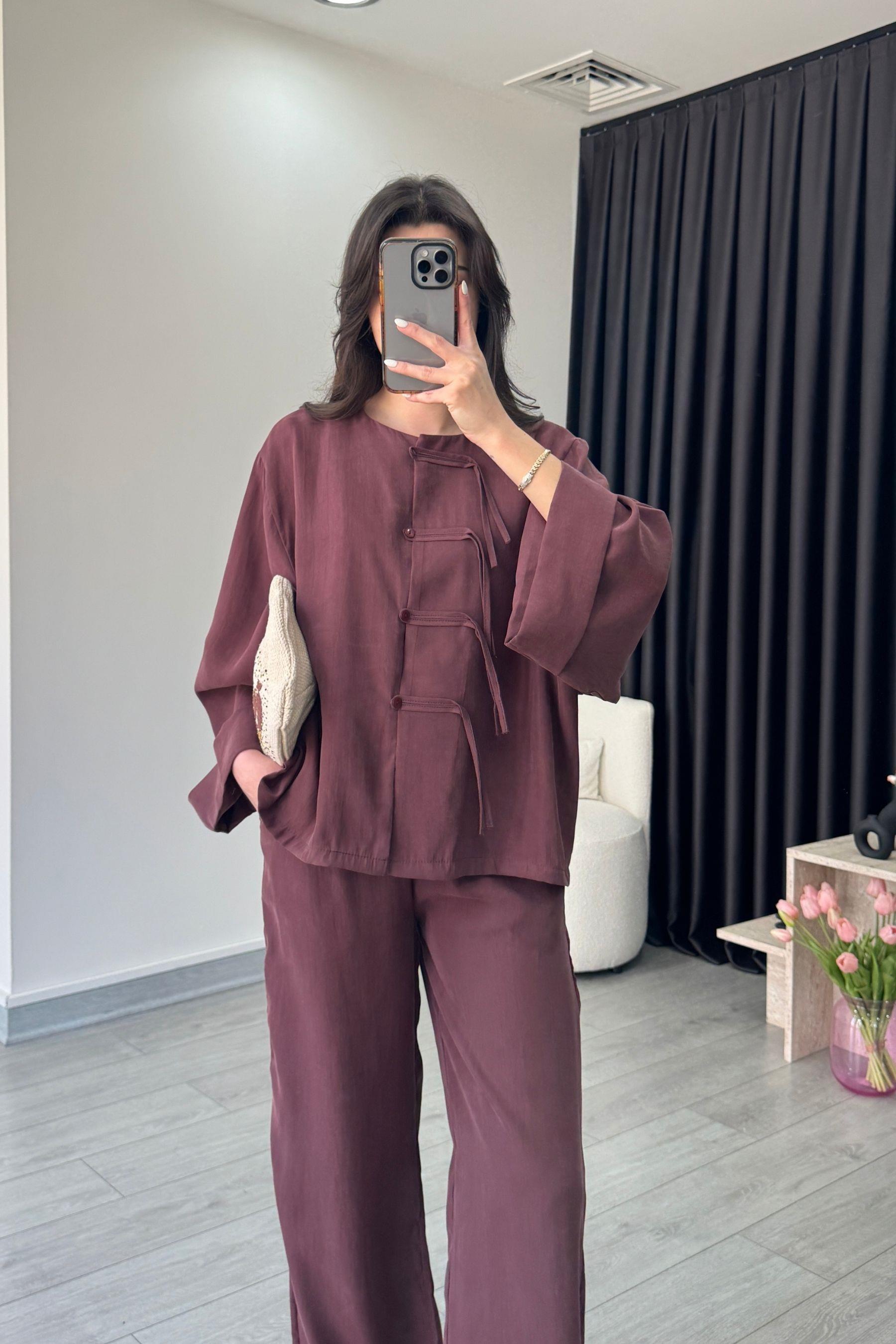 Tasha Gül Kurusu Modal Bluz Pantolon Takım