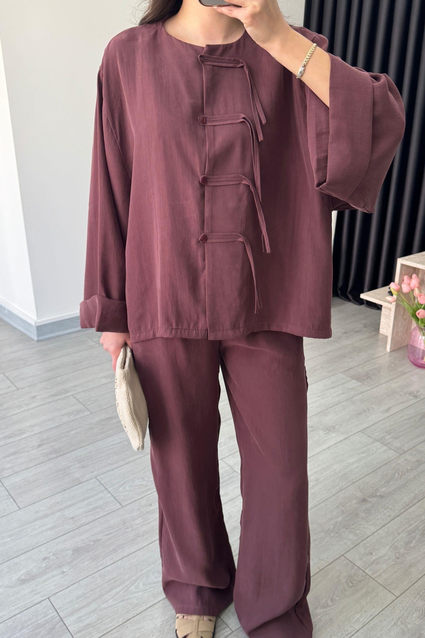 Tasha Gül Kurusu Modal Bluz Pantolon Takım