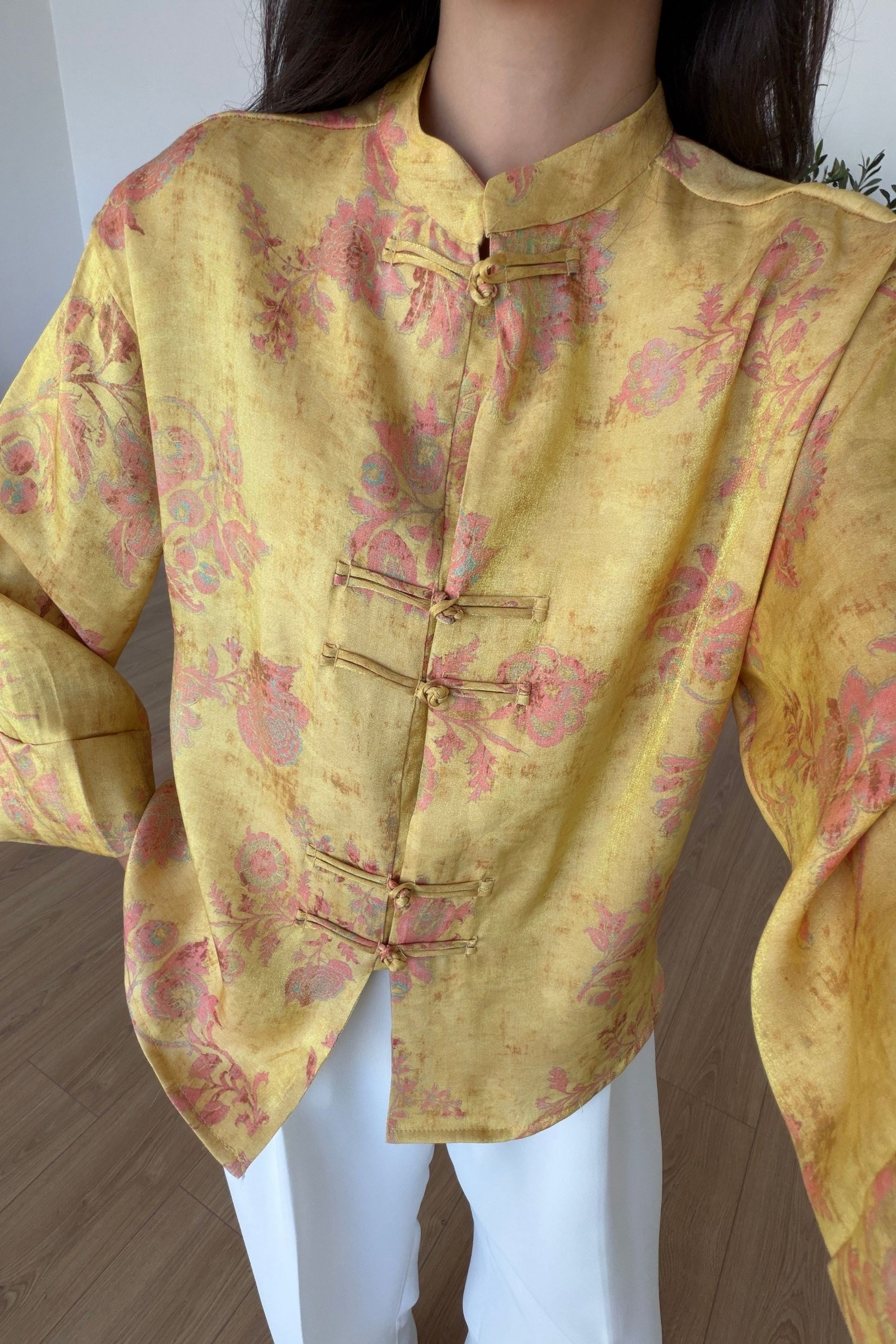 Toby Sarı Desenli Parıltılı Kimono Gömlek