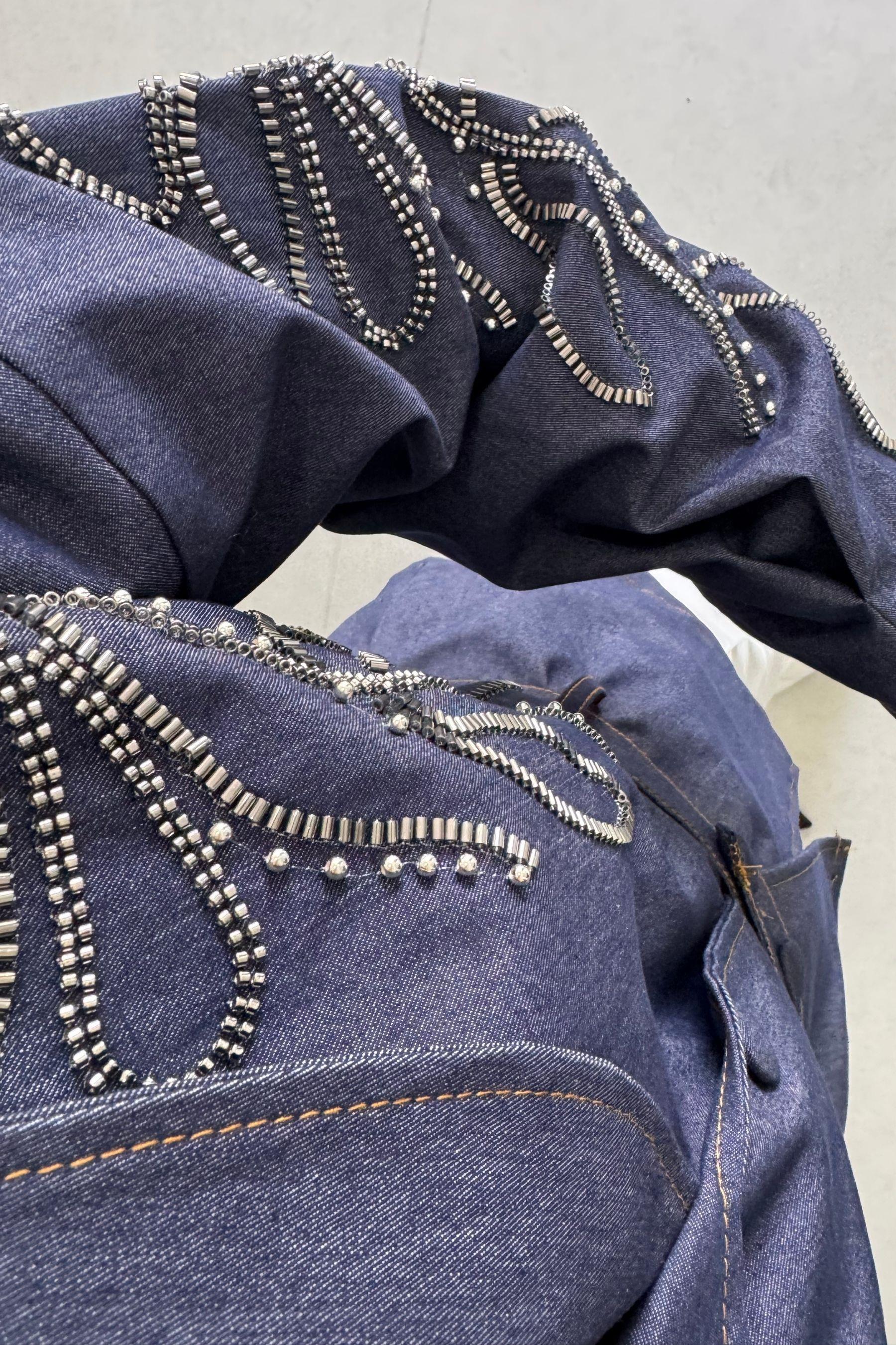 Valen Nakışlı Kuşak Detay Denim Ceket