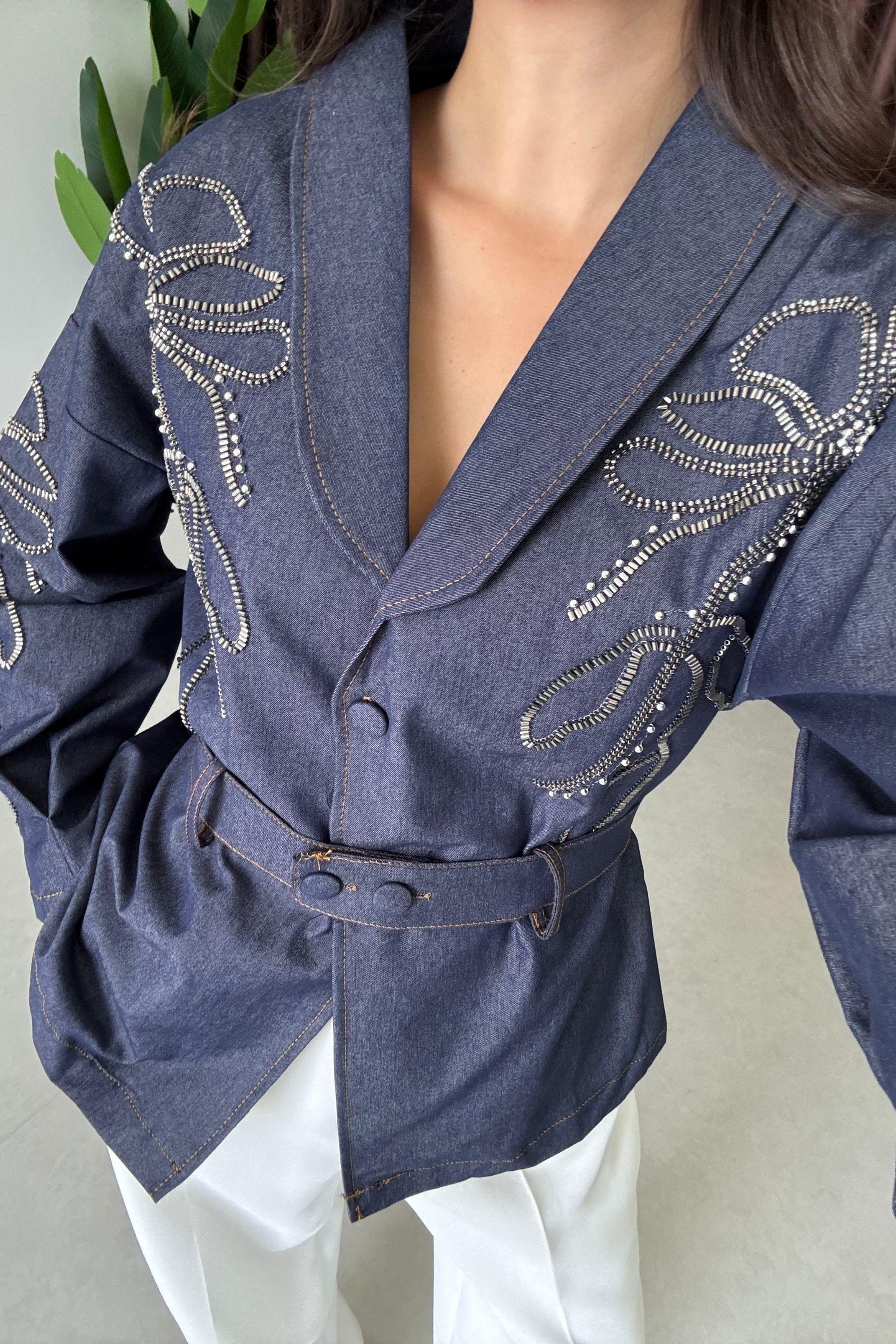 Valen Nakışlı Kuşak Detay Denim Ceket