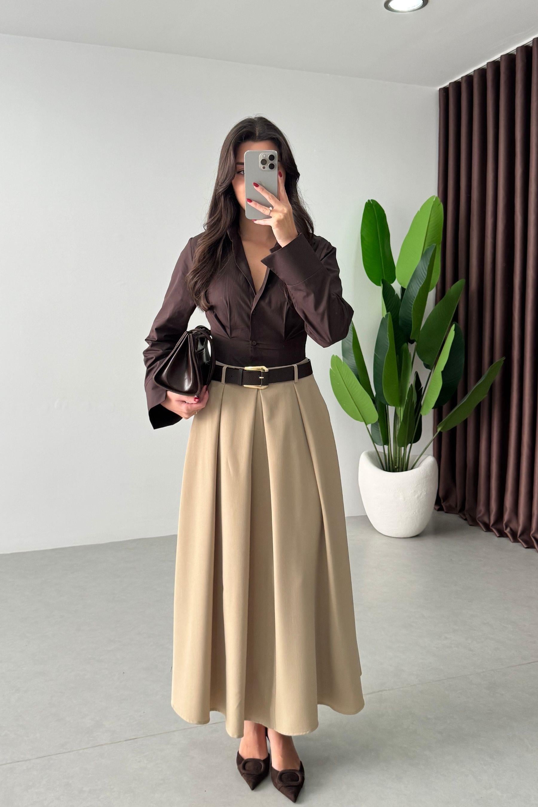 Vera Camel Kemerli Midi Etek