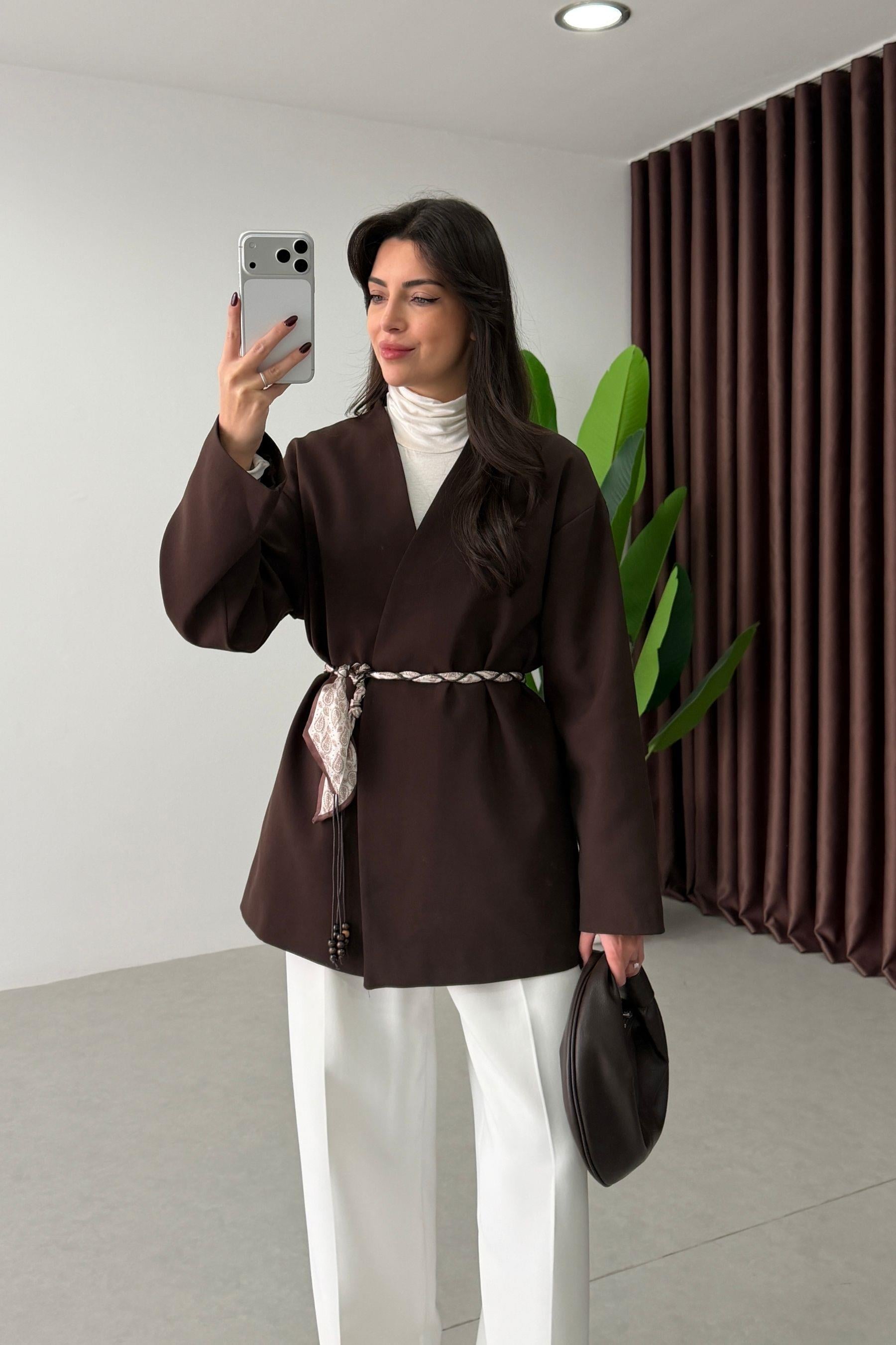 West Kahve Fular Kemerli Blazer