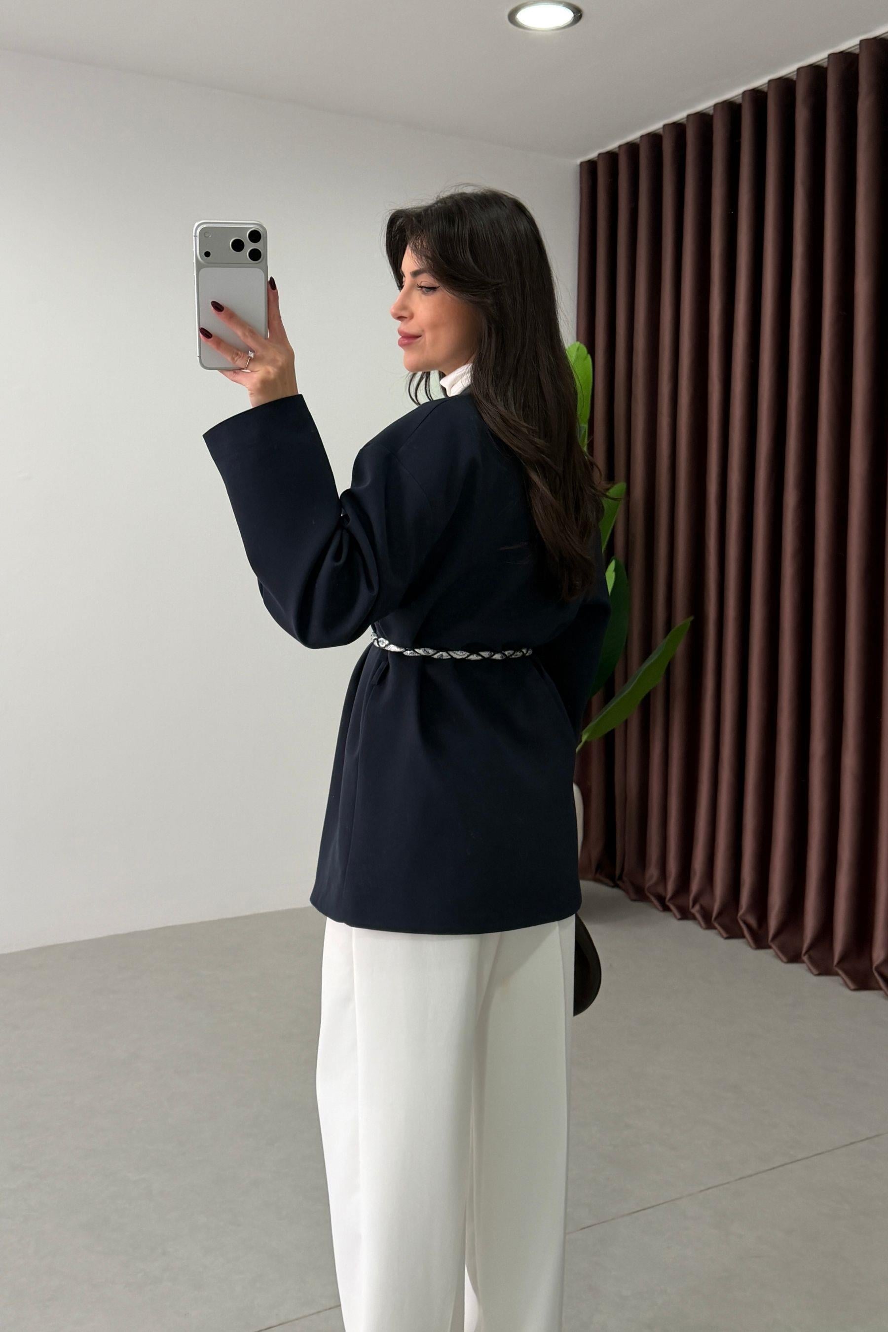 West Lacivert Fular Kemerli Blazer
