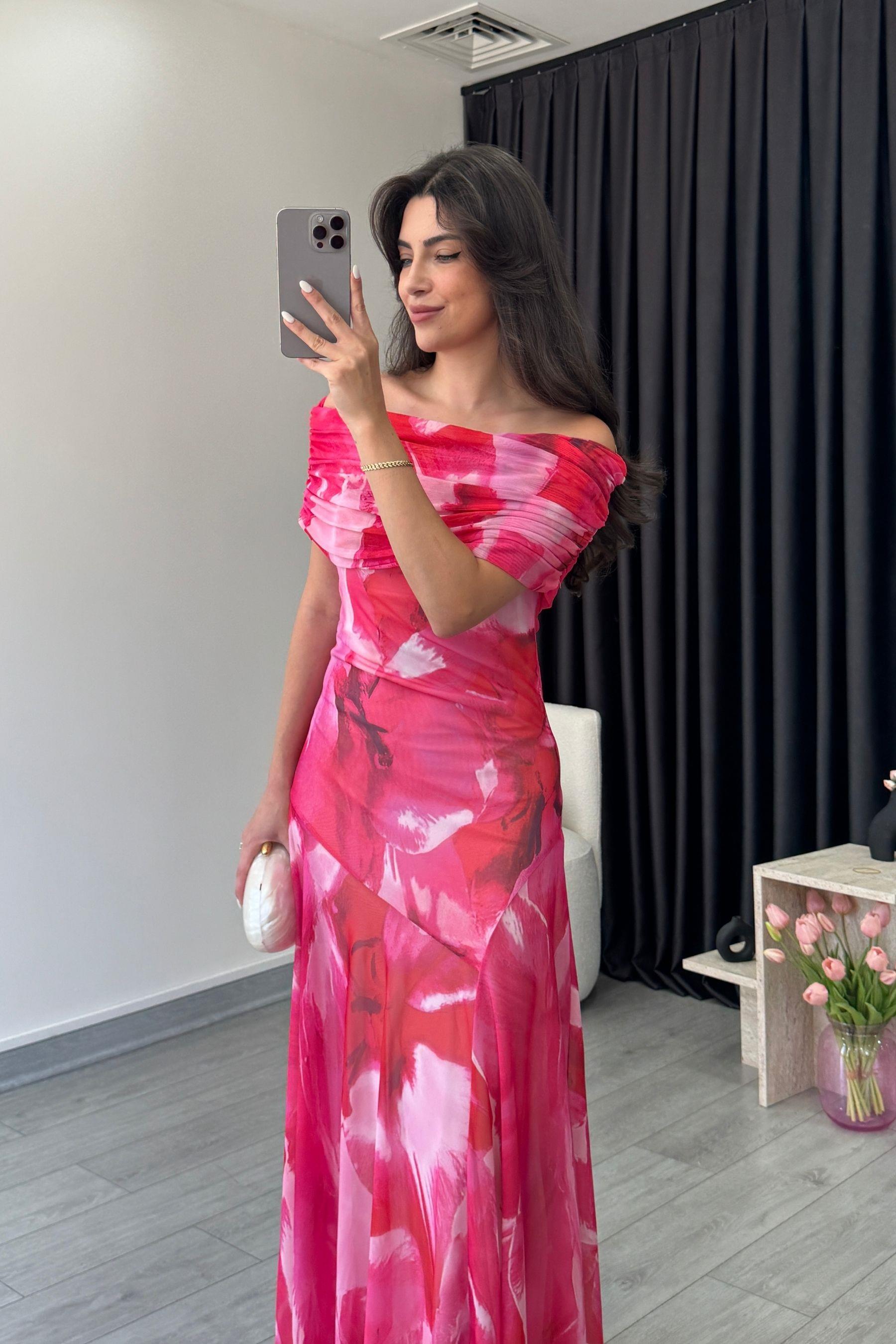 Yena Pembe Omuz Dekolteli Tül Elbise