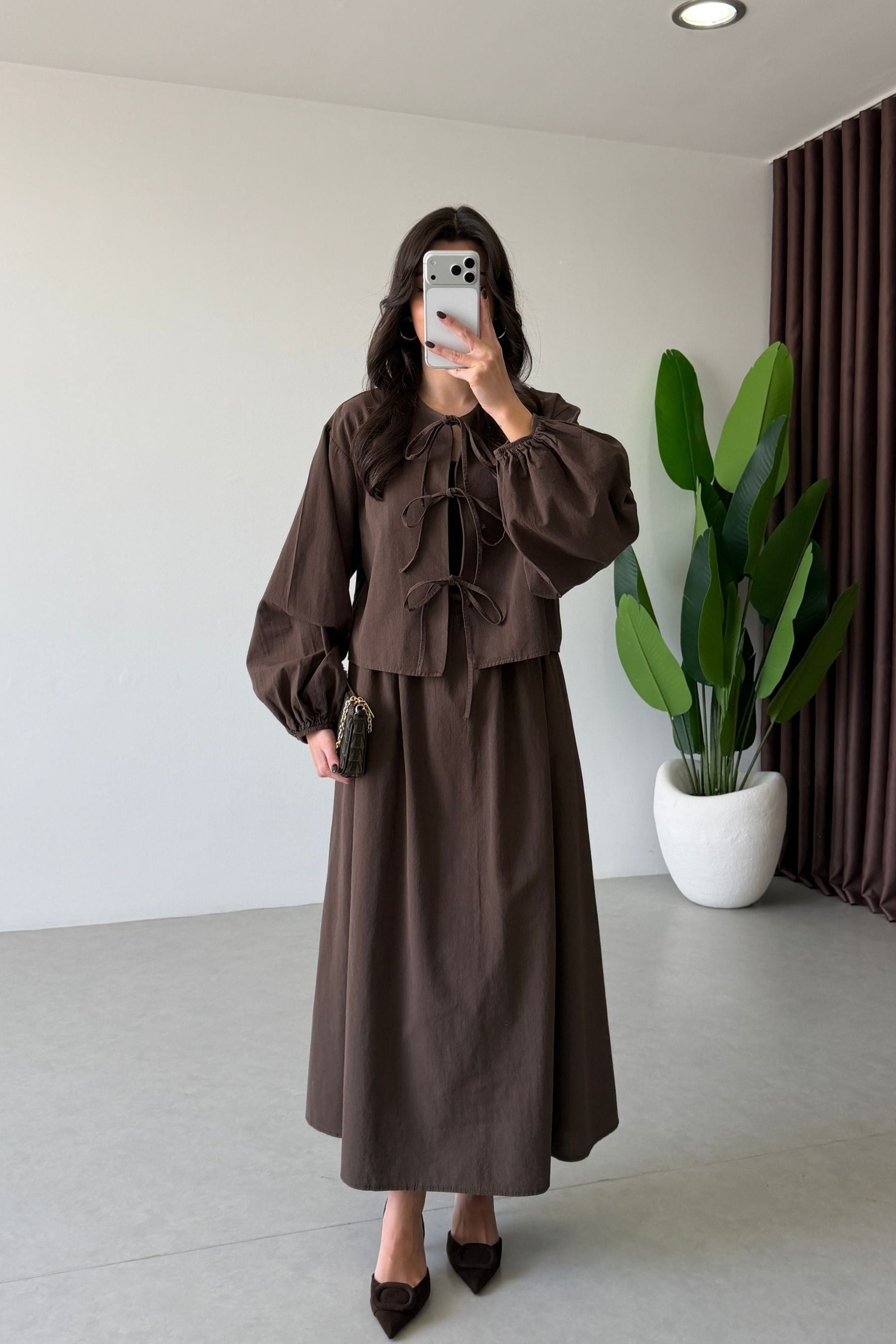 Zeri Kahve Keten Kimono Etek Takım
