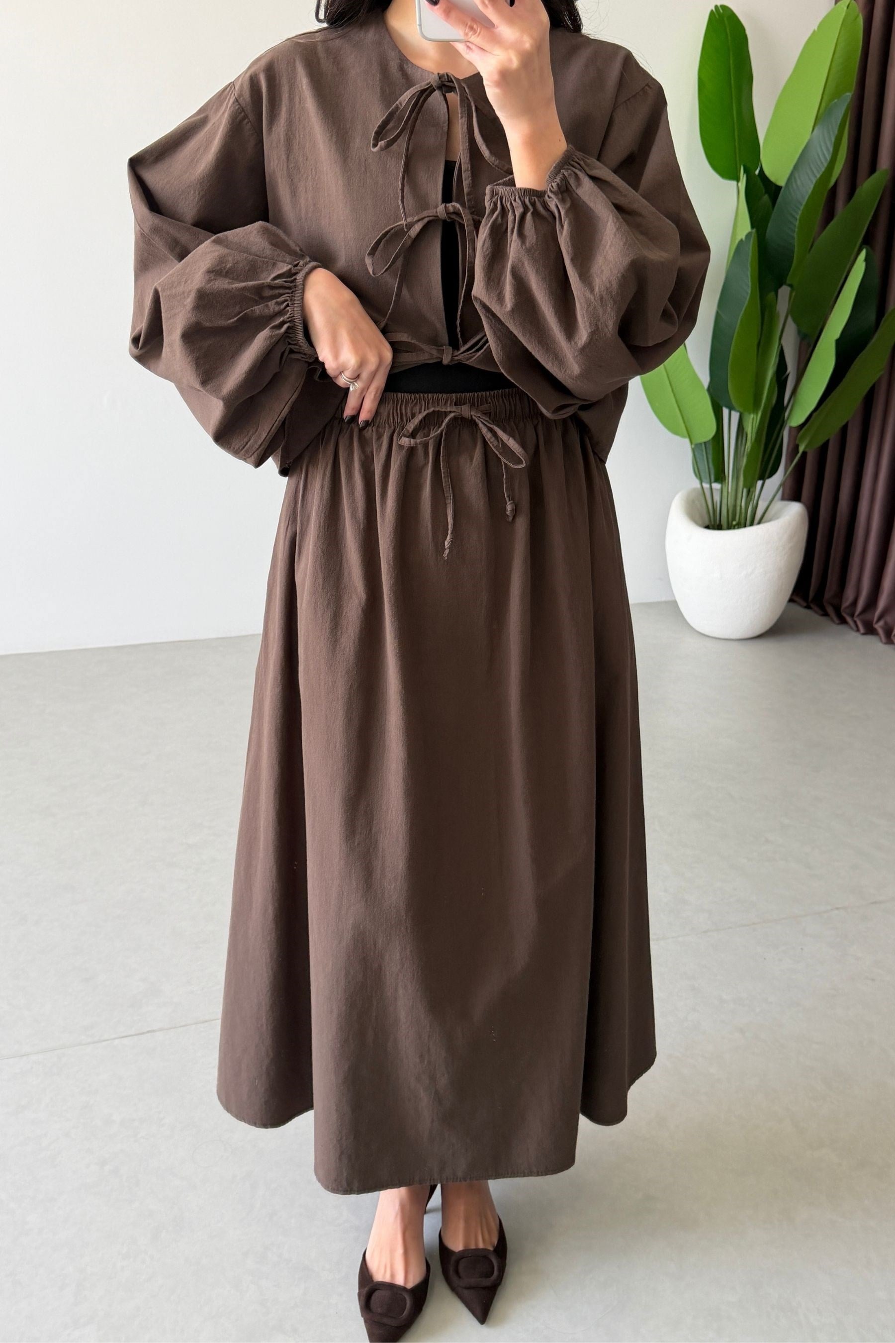 Zeri Kahve Keten Kimono Etek Takım