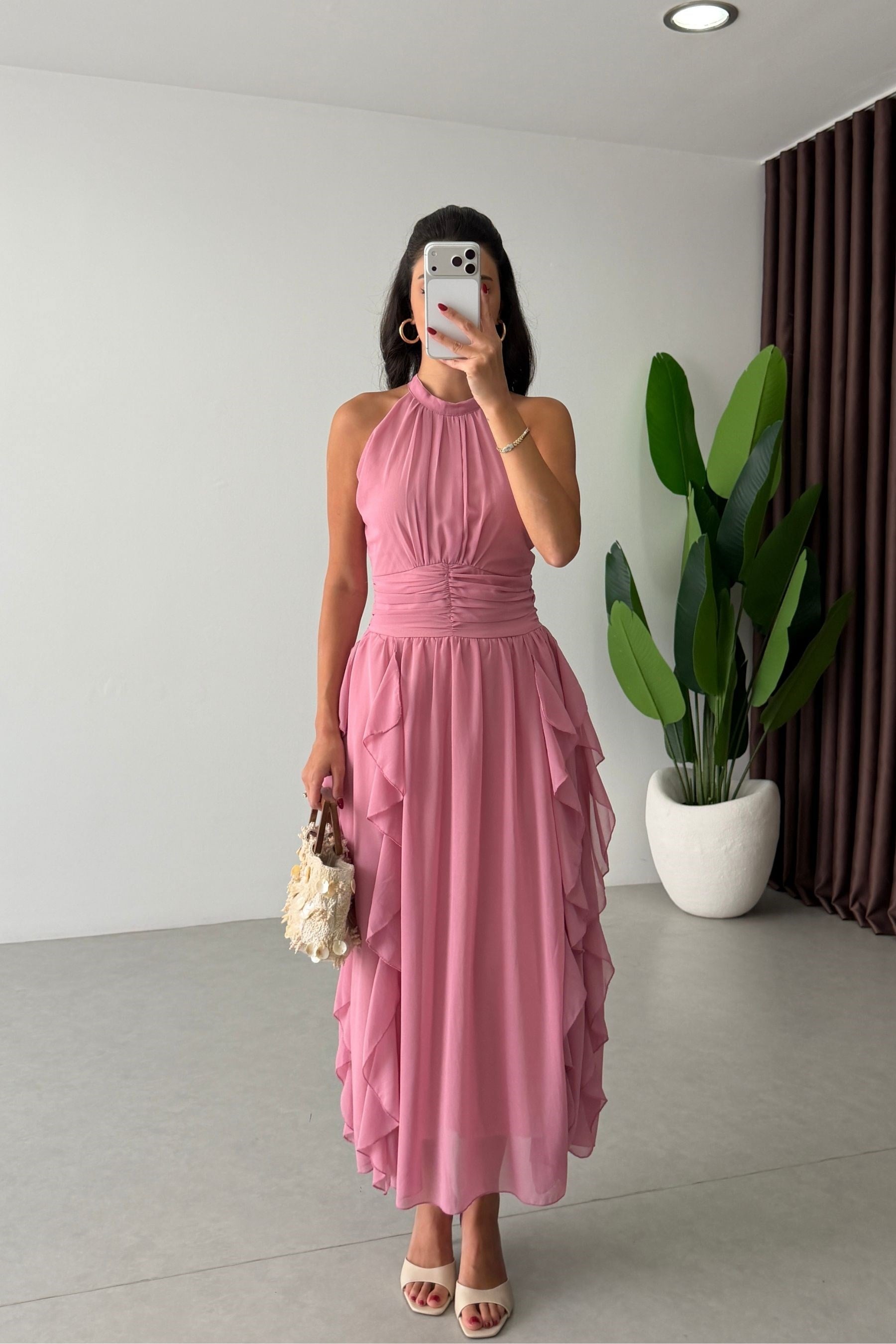 Zoey Pembe Fırfırlı Şifon Elbise