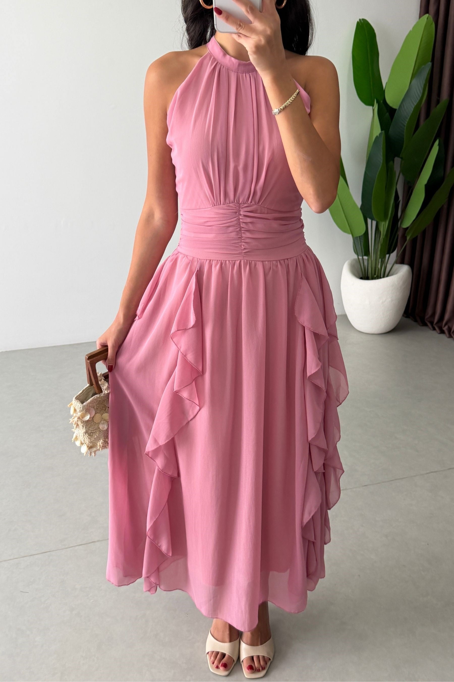 Zoey Pembe Fırfırlı Şifon Elbise