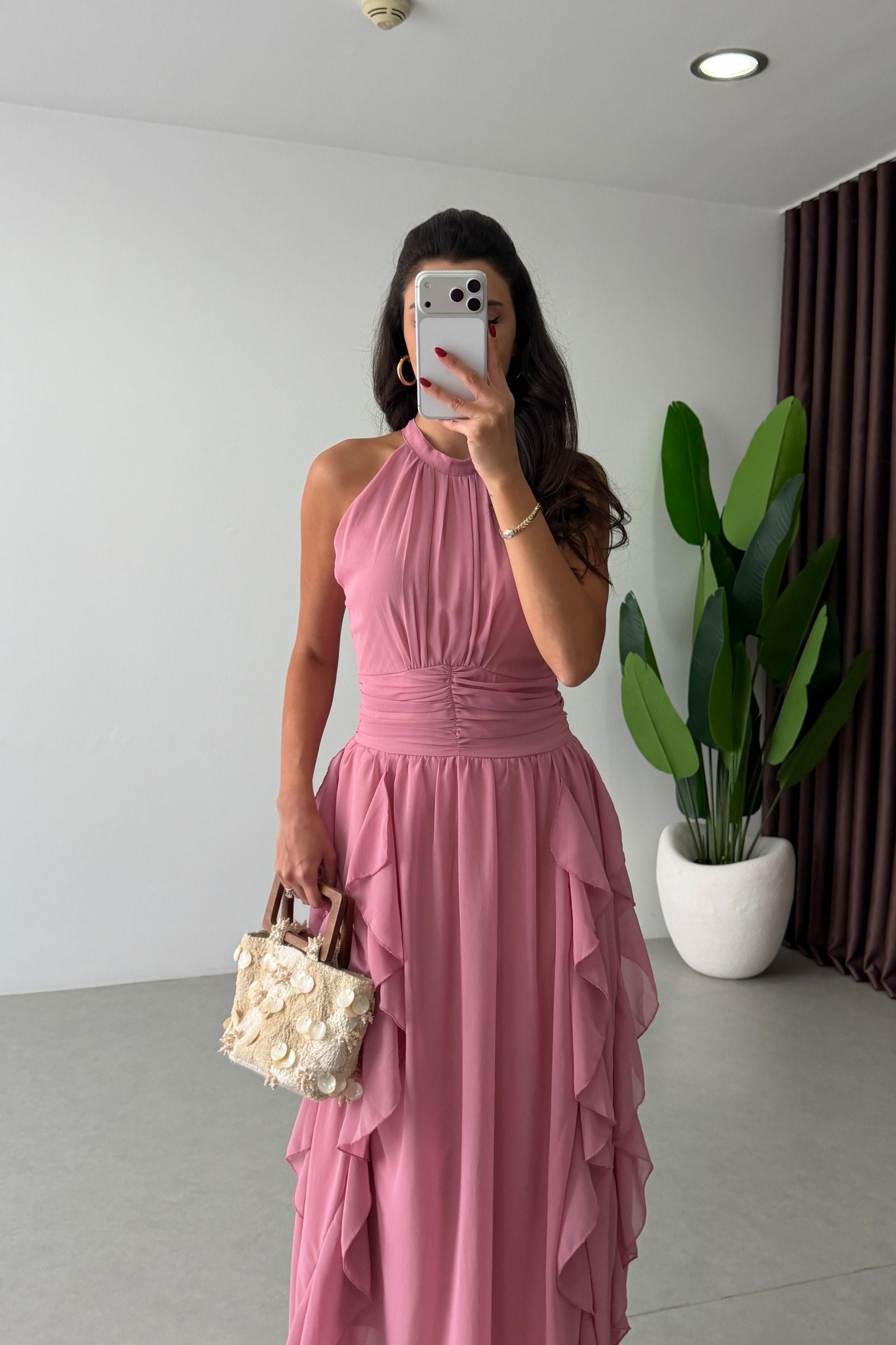 Zoey Pembe Fırfırlı Şifon Elbise