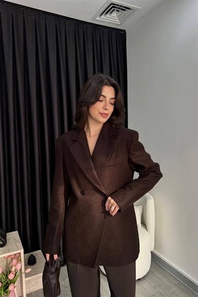 Acı Kahve Kruvaze İnce Kaşe Blazer Ceket