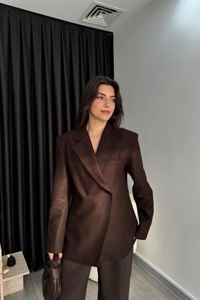 Acı Kahve Kruvaze İnce Kaşe Blazer Ceket