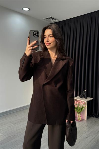 Acı Kahve Kruvaze İnce Kaşe Blazer Ceket