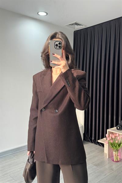 Acı Kahve Kruvaze İnce Kaşe Blazer Ceket