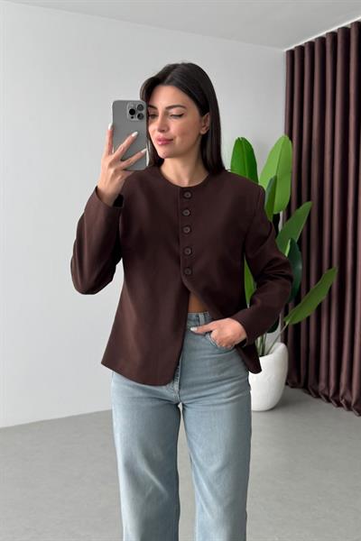 Alden Kahve Düğme Detay Vatkalı Blazer